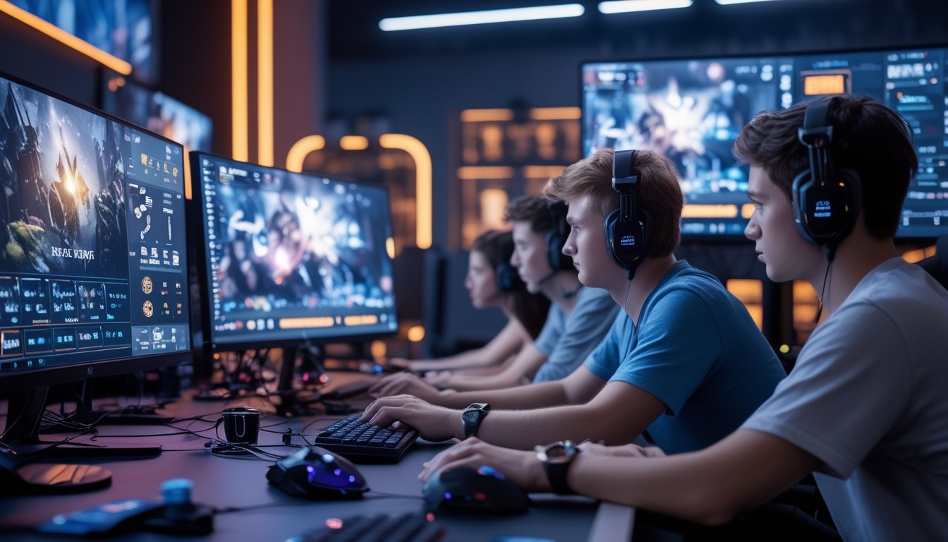 Sekelompok orang muda fokus bermain game esports di ruang gaming modern dengan layar komputer besar dan elemen taruhan digital di sekitar mereka.
