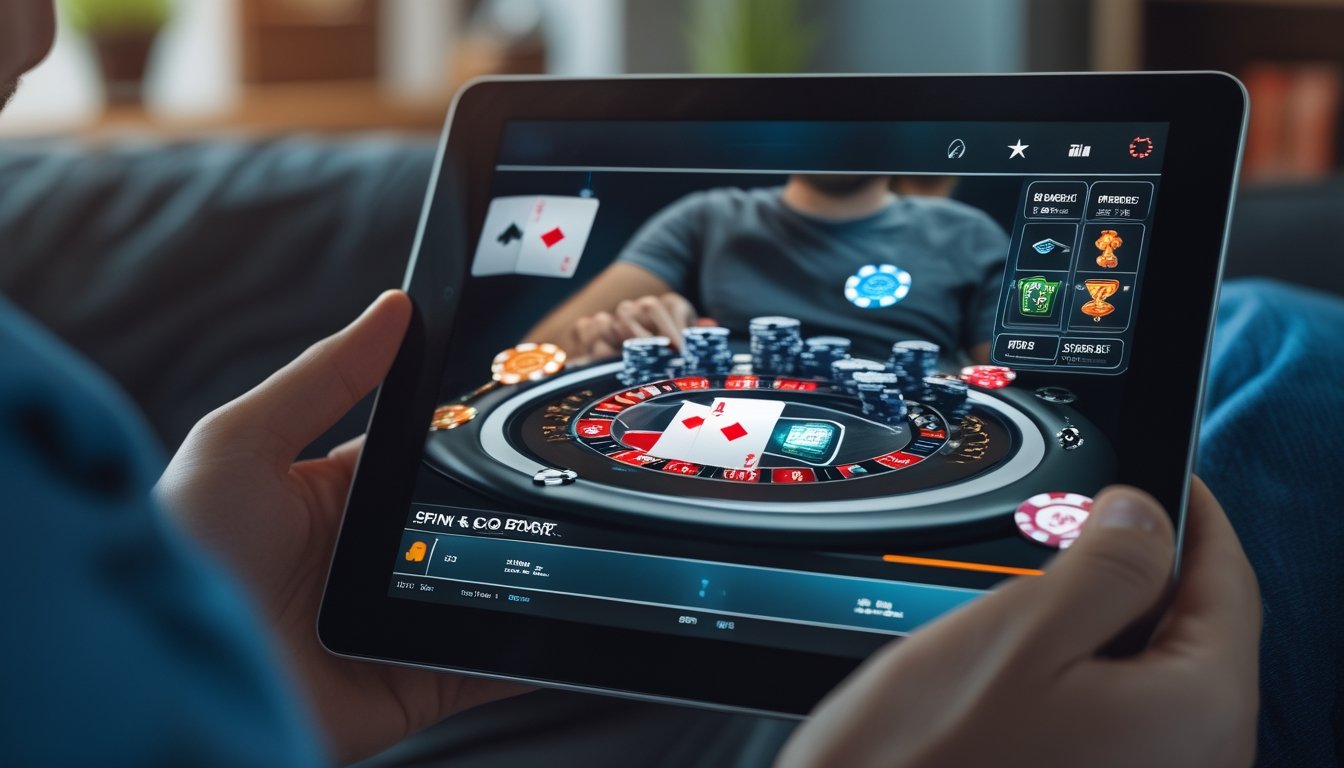 Seorang pemain santai bermain poker online di tablet di dalam rumah yang nyaman dengan kartu dan chip poker terlihat di layar.