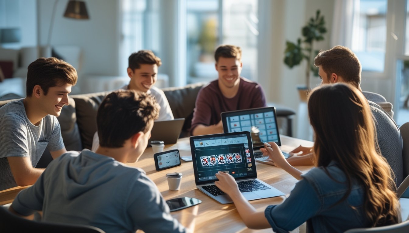 Beberapa orang muda bermain poker online di rumah dengan laptop dan tablet, terlihat nyaman dan santai.