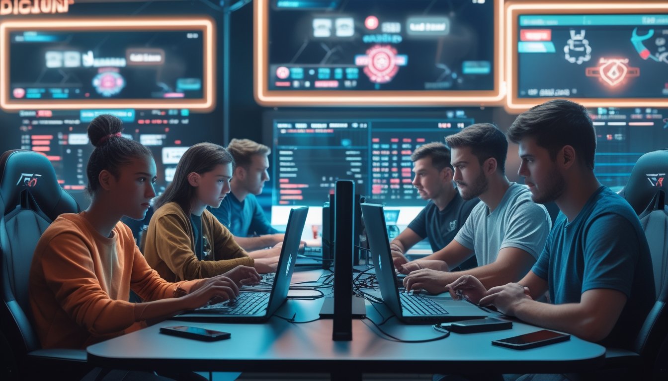 Sekelompok orang muda sedang menggunakan komputer dan ponsel untuk memasang taruhan pada pertandingan esports yang sedang berlangsung.