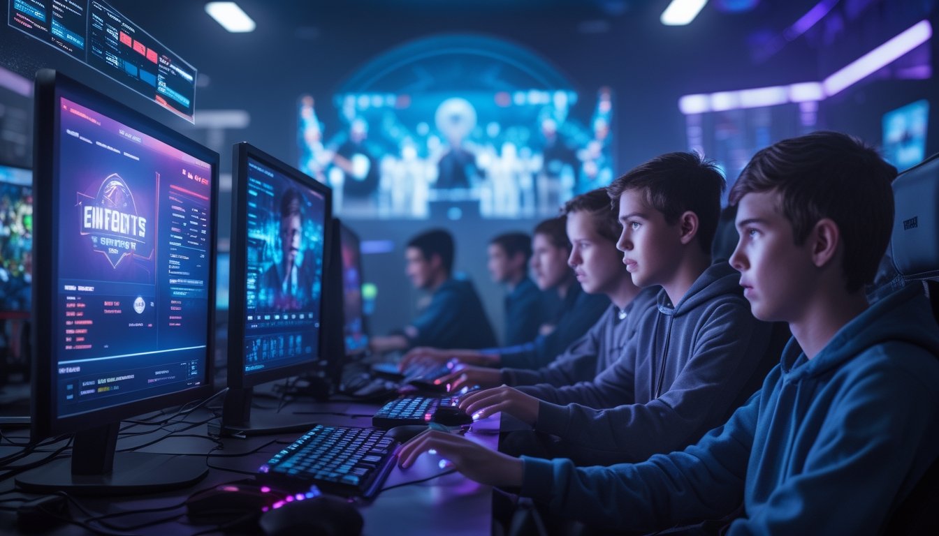 Sekelompok pemain muda sedang bermain game esports di depan komputer dengan ekspresi serius dan khawatir, di latar belakang terlihat suasana turnamen game.