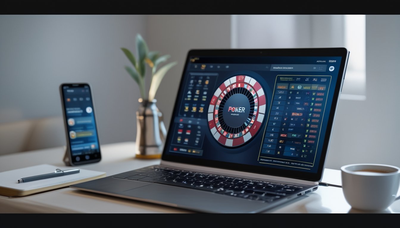 Sebuah meja dengan komputer menampilkan permainan poker online, dilengkapi dengan chip poker dan kartu, serta ponsel dan cangkir kopi di sekitarnya.