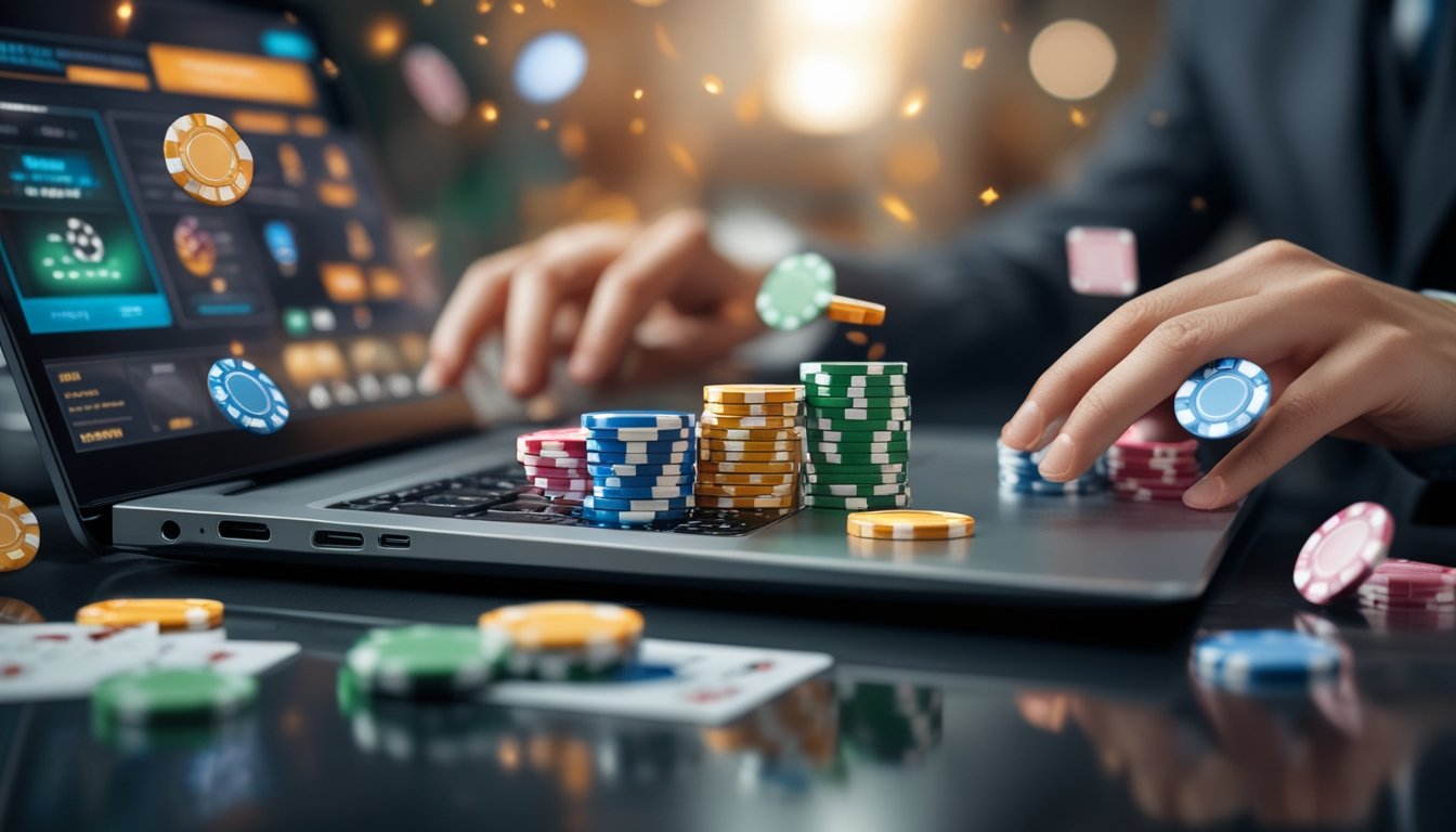 Tampilan layar komputer dengan permainan poker online yang menampilkan chip poker dan kartu bermain, dengan tangan seseorang sedang berinteraksi dengan perangkat.