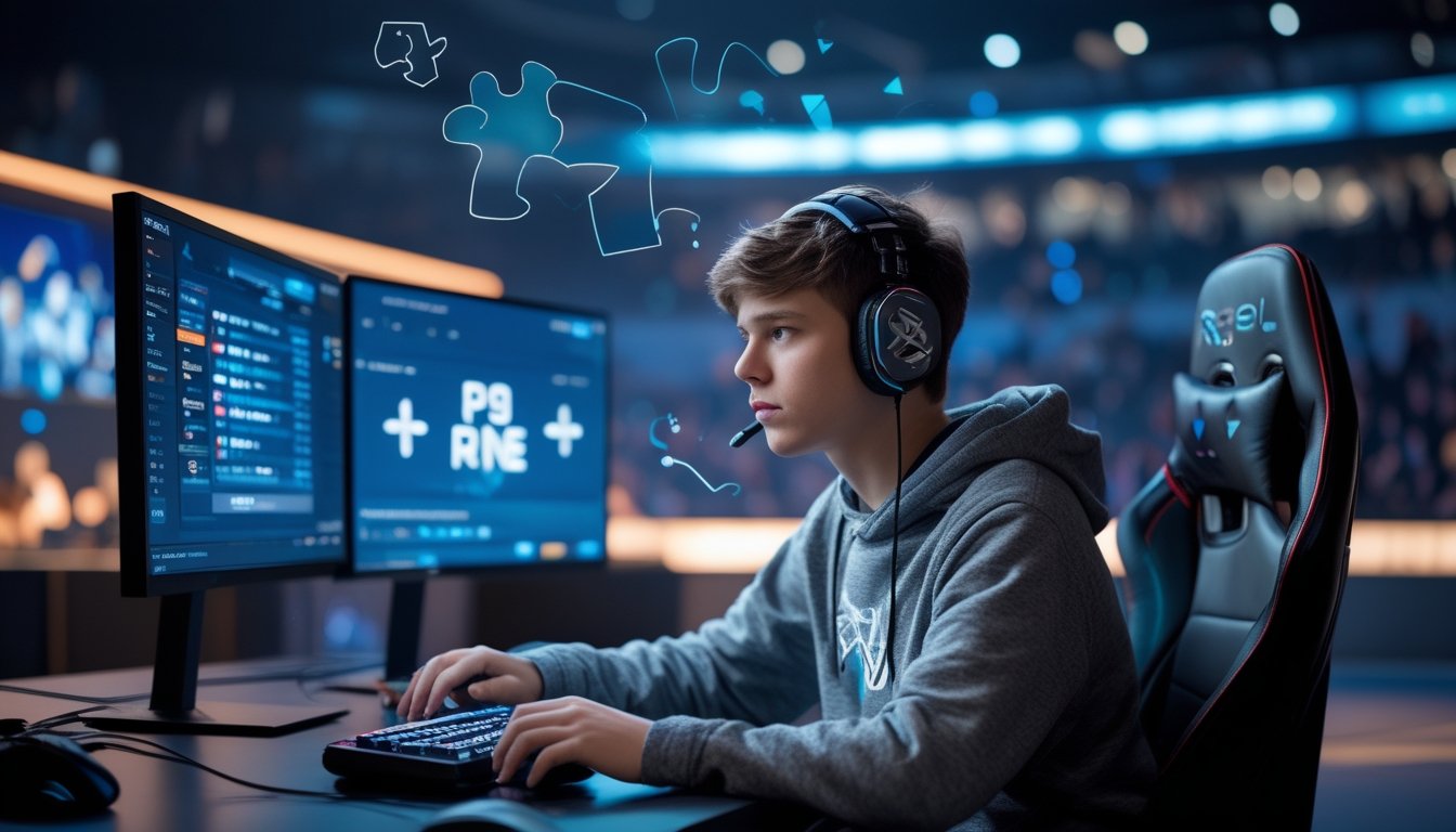 Seorang pemain muda esports duduk di depan komputer dengan ekspresi serius, dikelilingi oleh elemen visual yang menggambarkan dampak judi esports pada perilaku dan ekosistem gaming.