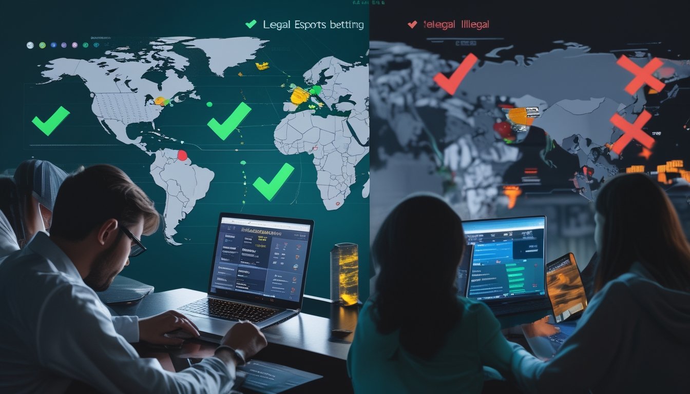Orang-orang menggunakan perangkat digital dengan latar peta dunia yang menandai negara-negara dengan taruhan esports legal dan ilegal.