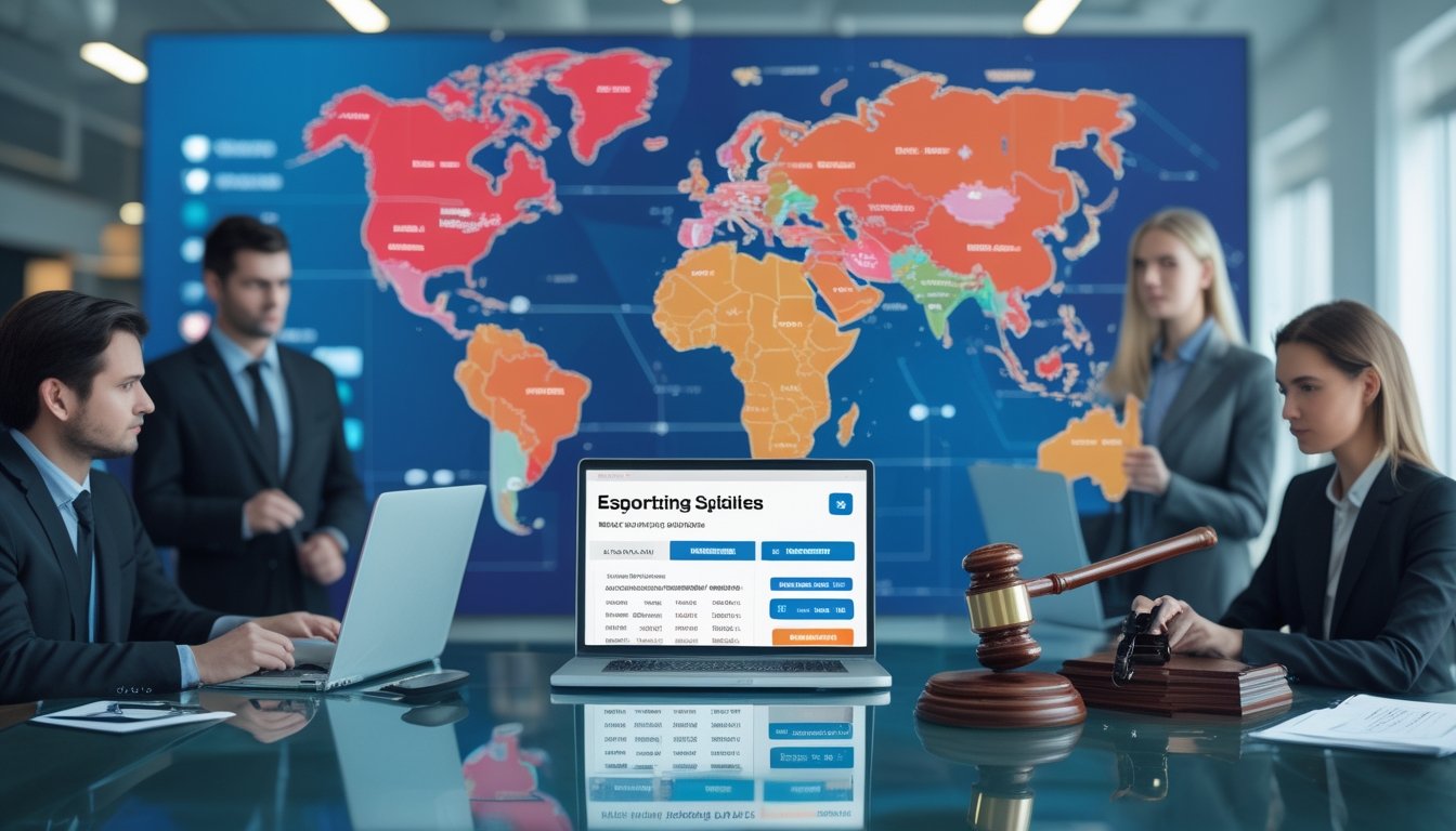 Sekelompok profesional sedang berdiskusi di kantor dengan peta dunia digital yang menunjukkan perbedaan legalitas taruhan esports di berbagai negara.