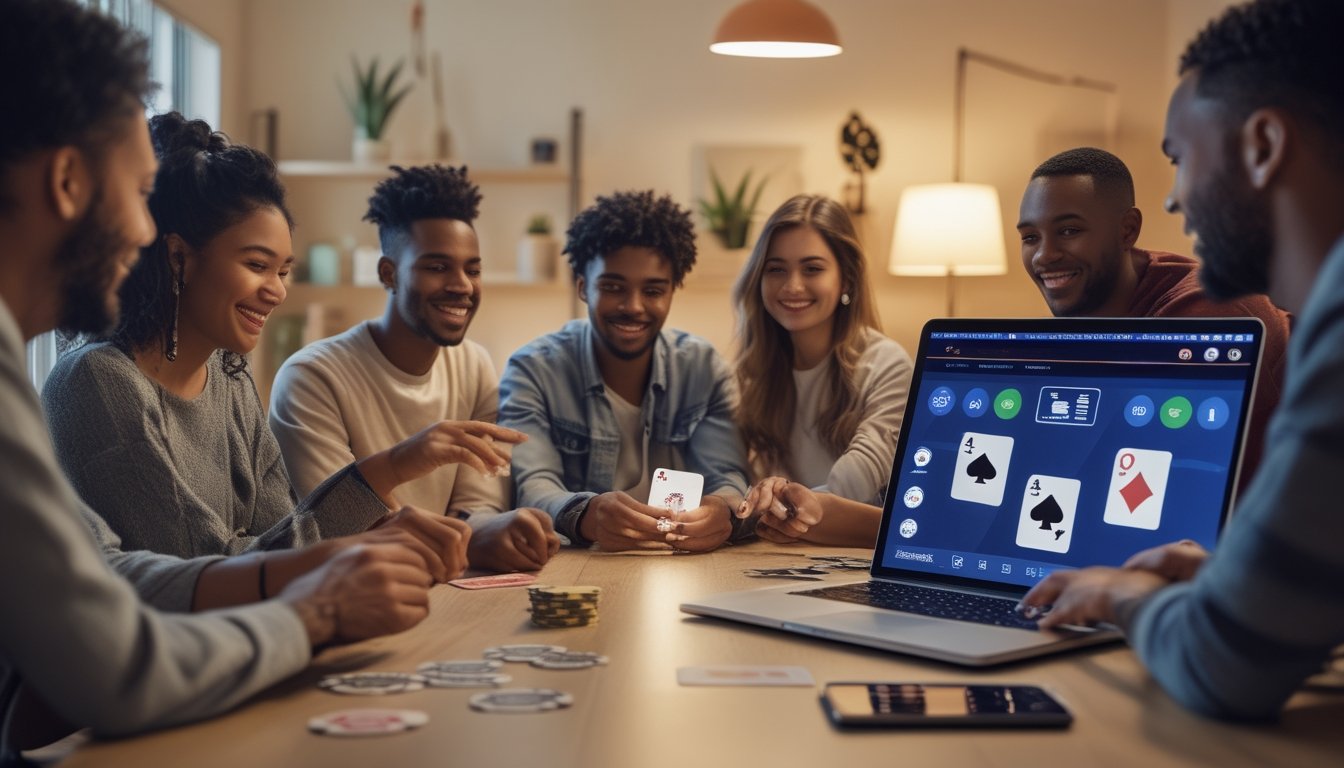 Sekelompok orang muda sedang bermain poker online di laptop di ruang kerja yang terang dan nyaman.