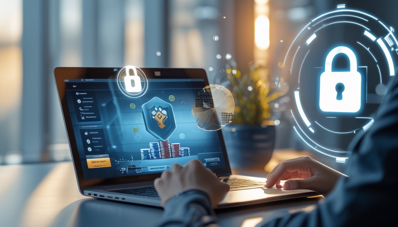Seseorang menggunakan laptop dengan tampilan permainan poker online, dikelilingi simbol keamanan seperti gembok digital dan perisai, di ruang kerja yang terang dan rapi.