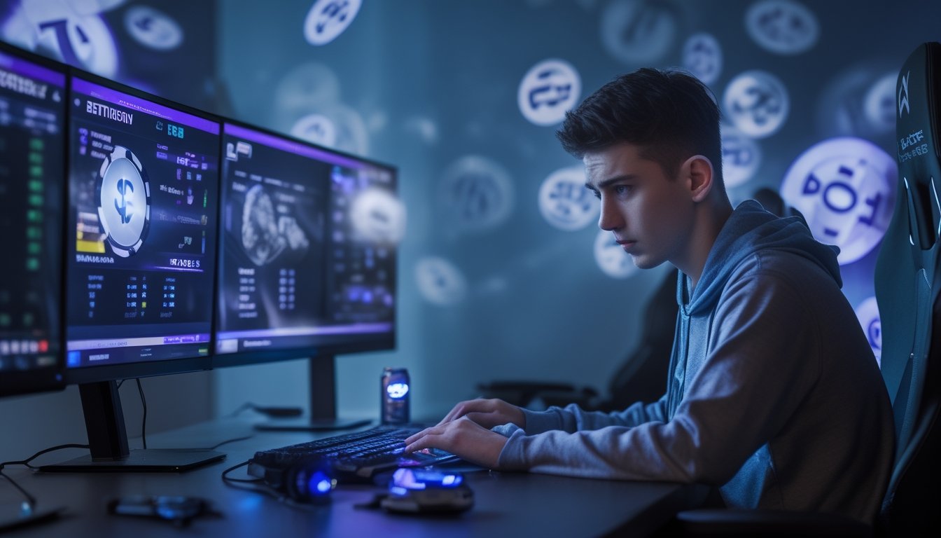 Seorang pria muda duduk di depan komputer dengan beberapa layar menampilkan permainan esports dan tanda-tanda kecanduan judi, terlihat tegang dan lelah di ruangan dengan pencahayaan biru dan ungu.