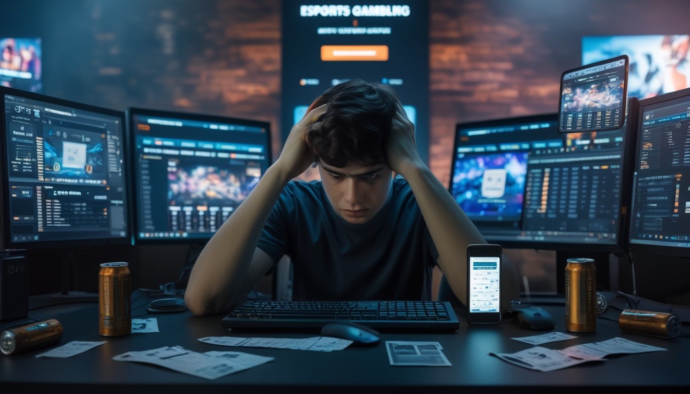 Seorang pria muda duduk di depan komputer dengan ekspresi cemas, dikelilingi layar yang menampilkan pertandingan esports dan situs taruhan, menunjukkan risiko kecanduan judi esports.