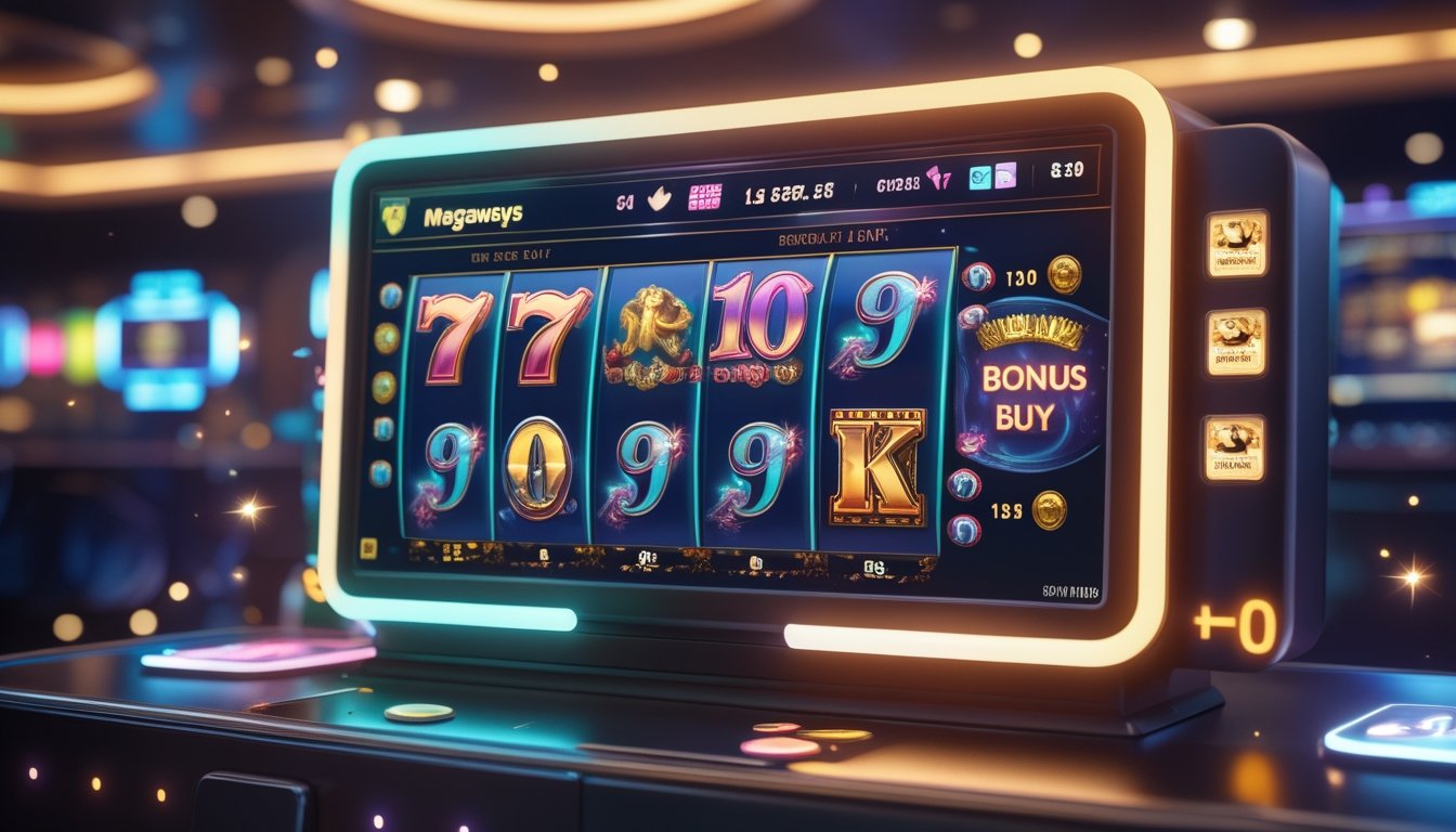Tampilan antarmuka permainan slot Megaways online dengan simbol berwarna-warni dan fitur bonus, di latar belakang suasana kasino modern yang gelap.