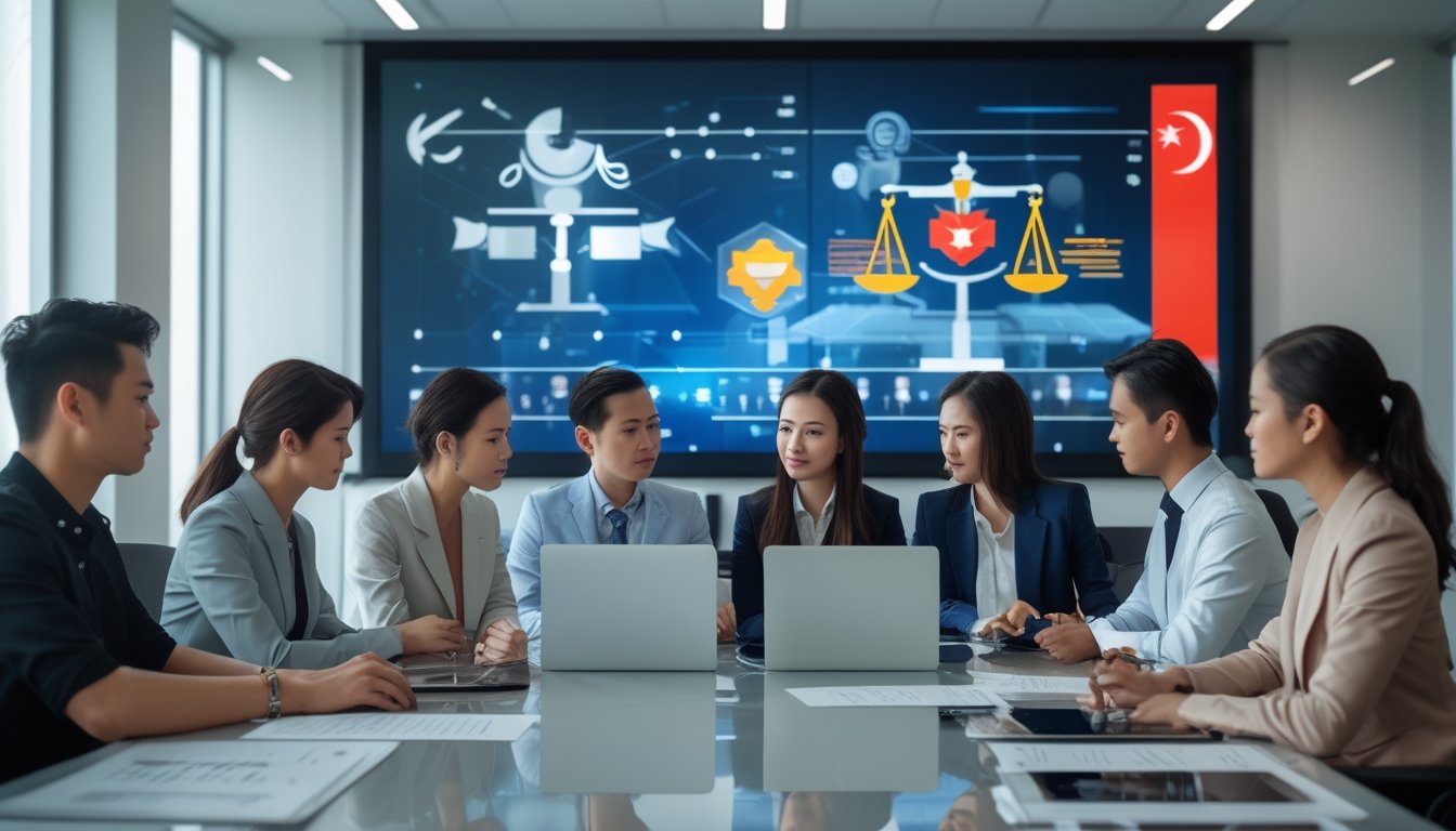Sekelompok profesional muda berdiskusi serius di ruang kantor modern dengan laptop dan dokumen, latar belakang menampilkan simbol esports dan hukum serta bendera Indonesia.