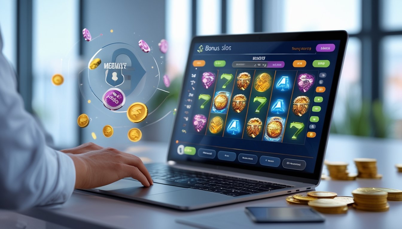 Seseorang menggunakan laptop dengan tampilan permainan slot online yang aman dan terpercaya di meja kerja yang rapi.