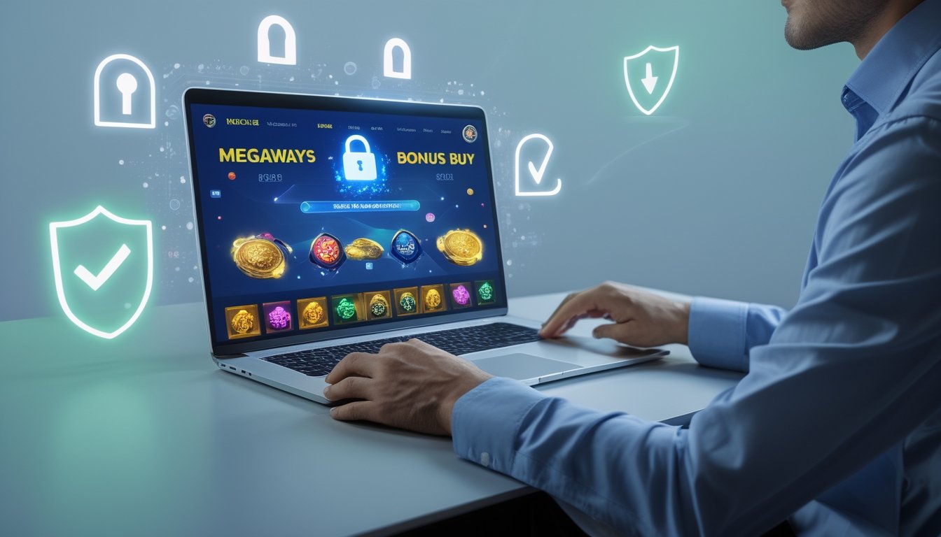 Seseorang menggunakan laptop yang menampilkan permainan slot online dengan ikon keamanan digital di sekitarnya.