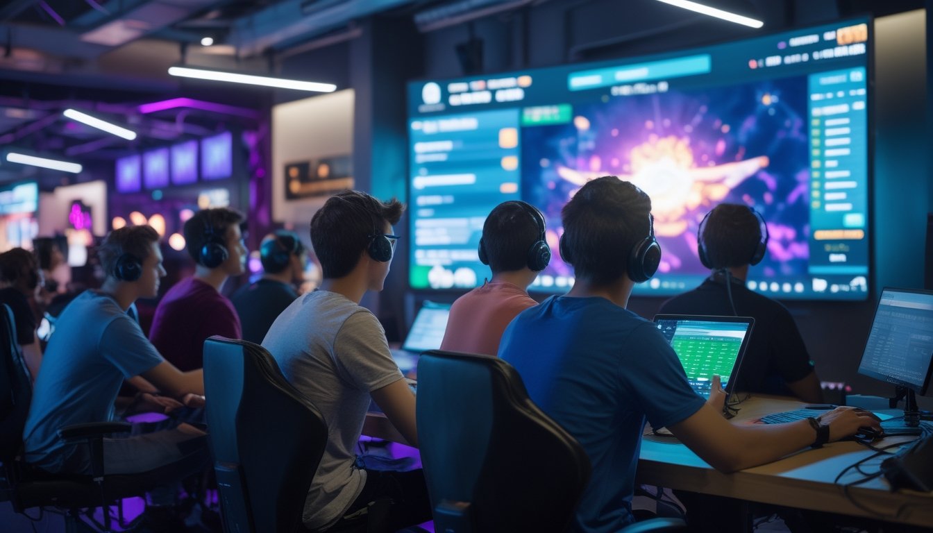 Sekelompok orang muda menonton turnamen esports secara online dengan antusias sambil menggunakan perangkat digital untuk taruhan.