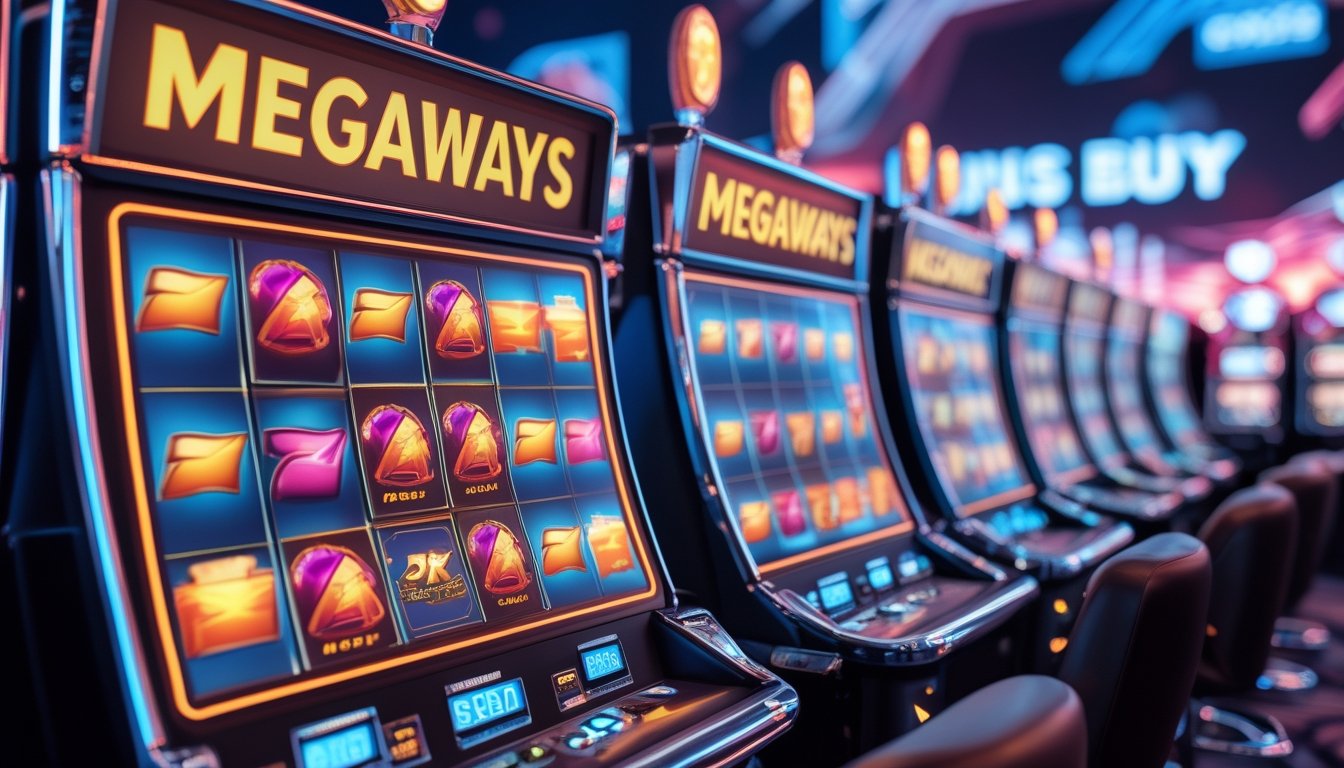 Suasana kasino modern dengan beberapa mesin slot Megaways yang berwarna-warni dan lampu terang, menampilkan simbol dan ikon bonus.