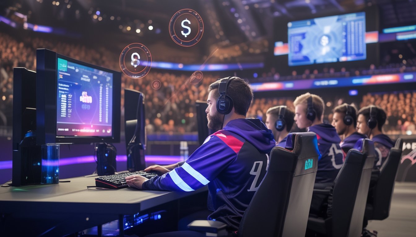 Seorang pemain esports profesional fokus bermain di arena kompetisi dengan layar besar dan penonton di latar belakang.
