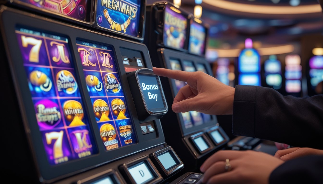 Seseorang menggunakan mesin slot Megaways dengan fitur Bonus Buy di kasino modern.
