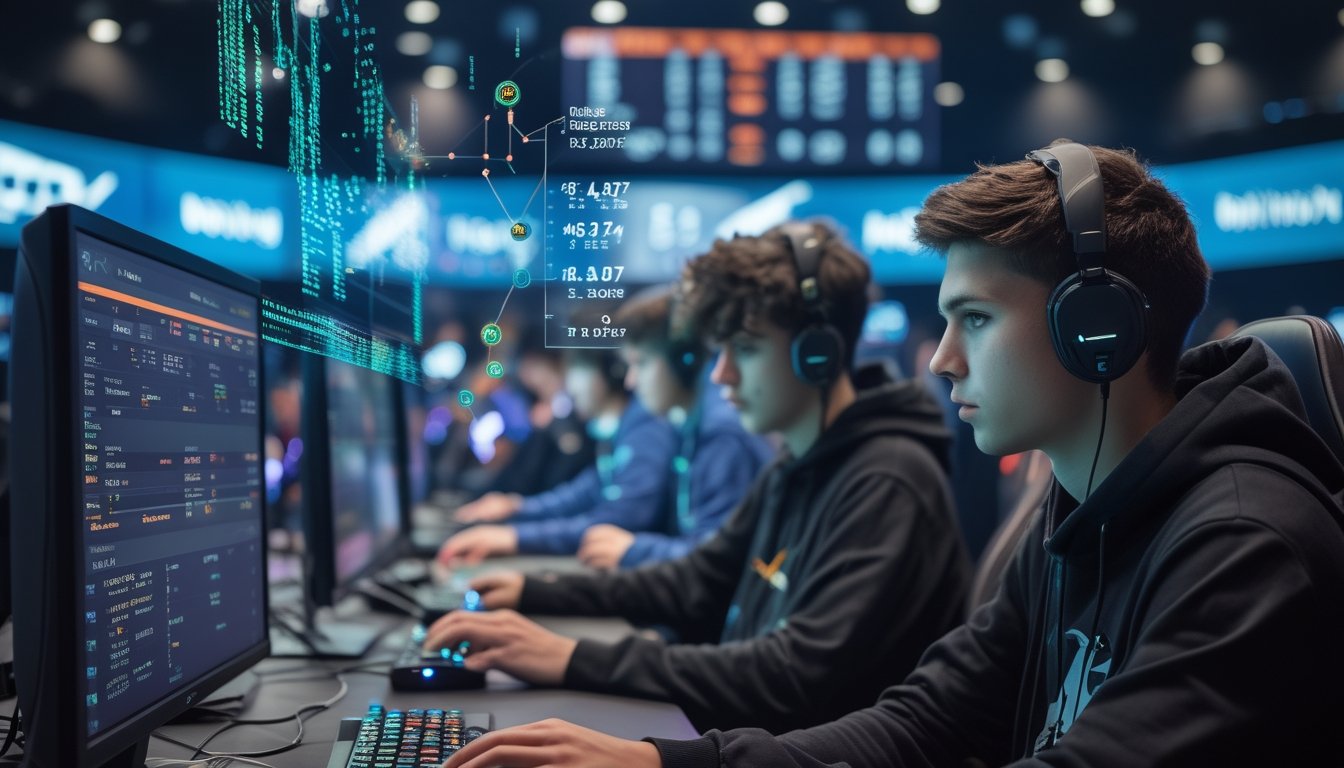 Sekelompok pemain esports yang fokus bermain di arena kompetisi dengan grafik taruhan digital dan simbol uang mengambang di sekitar mereka.