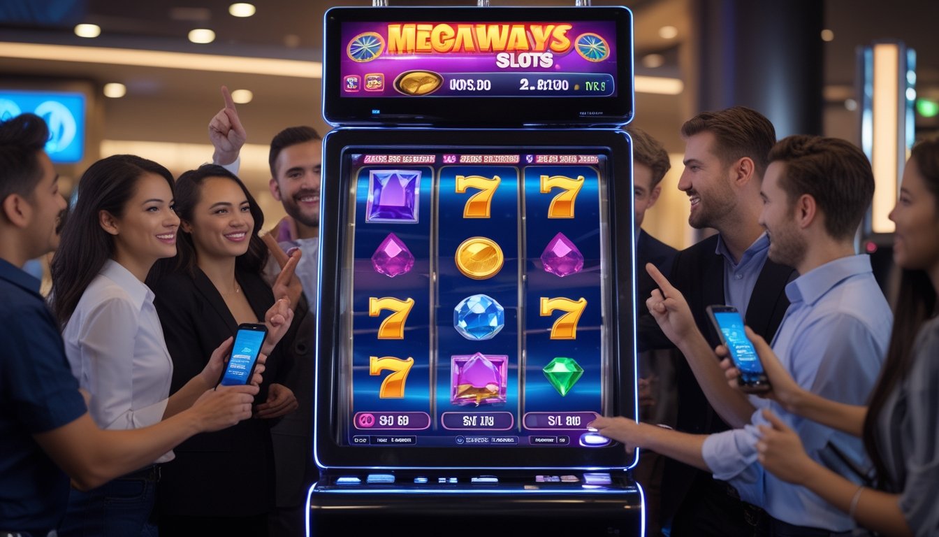 Orang-orang sedang bermain mesin slot digital Megaways dengan fitur bonus buy di kasino.