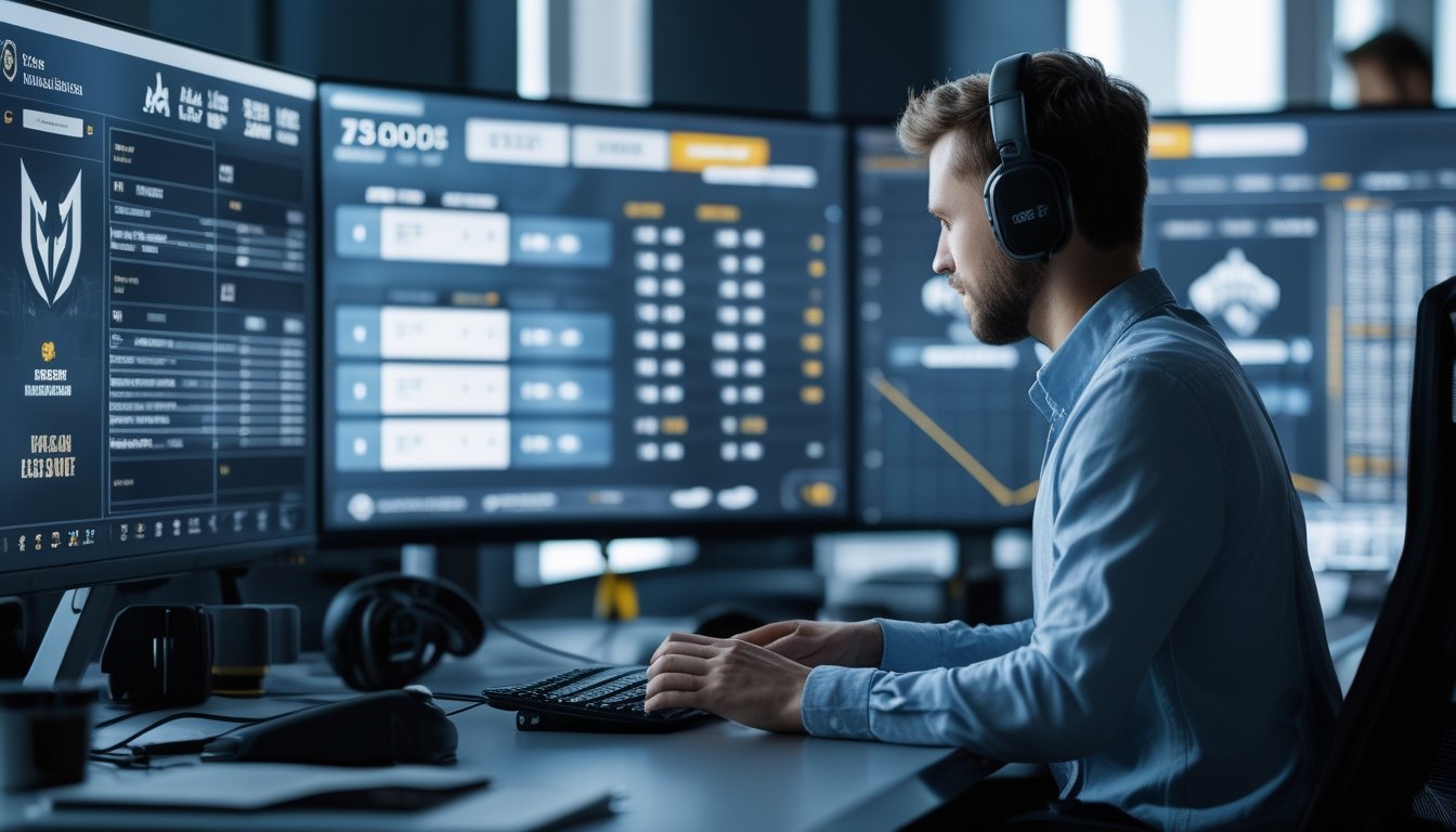Seorang pria sedang menganalisis data taruhan pertandingan esports di depan beberapa layar komputer dengan grafik dan angka peluang taruhan.