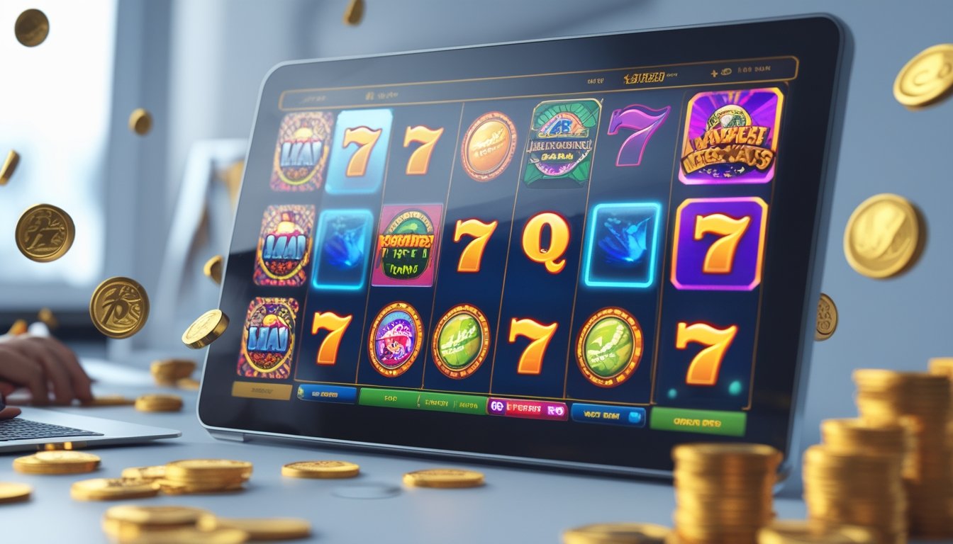 Layar komputer menampilkan berbagai ikon permainan slot warna-warni dengan simbol keberuntungan dan koin emas di sekitarnya.