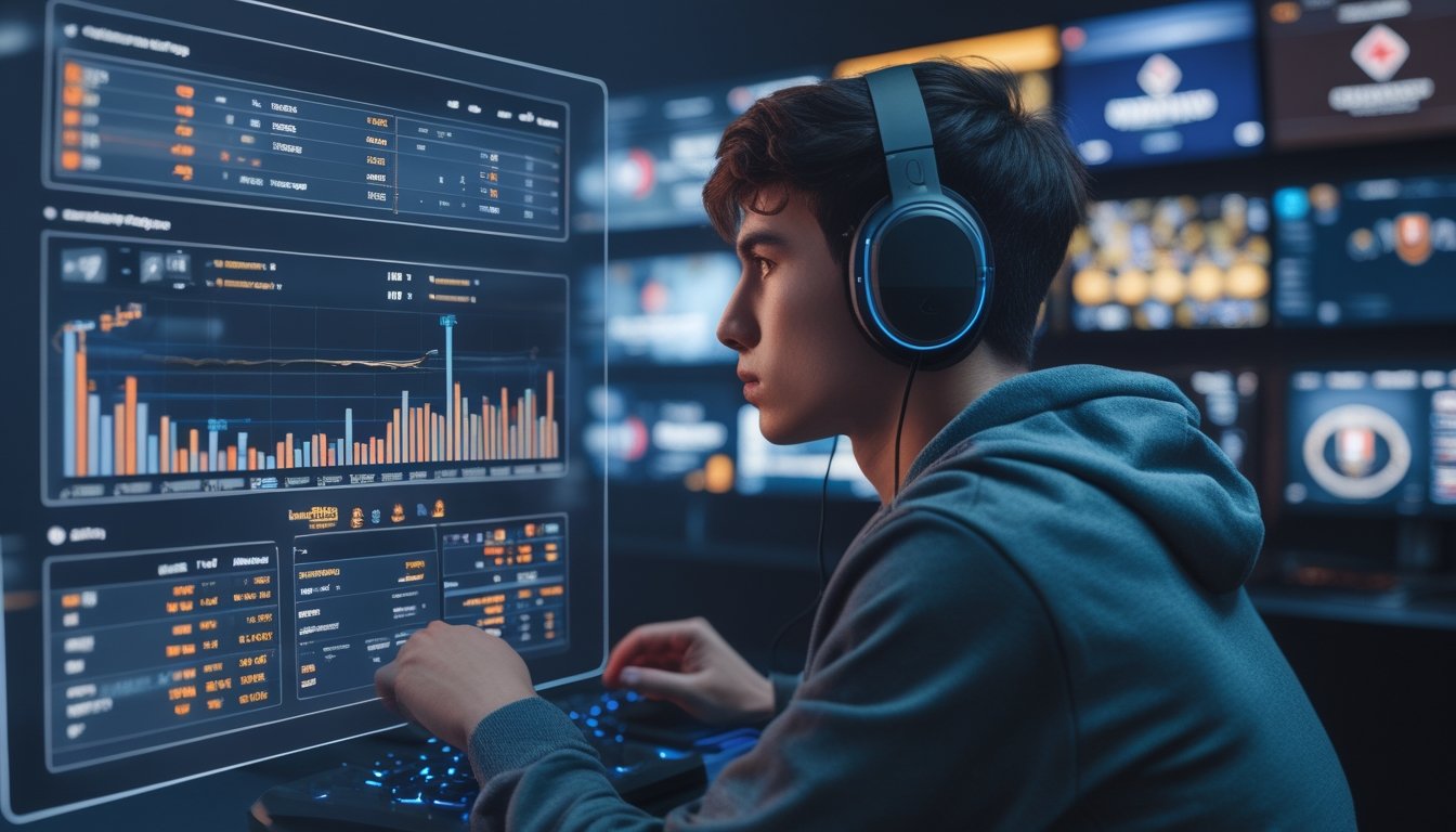 Seorang gamer muda sedang menggunakan layar sentuh transparan dengan data taruhan dan statistik esports di ruangan gaming dengan monitor yang menampilkan pertandingan esports.
