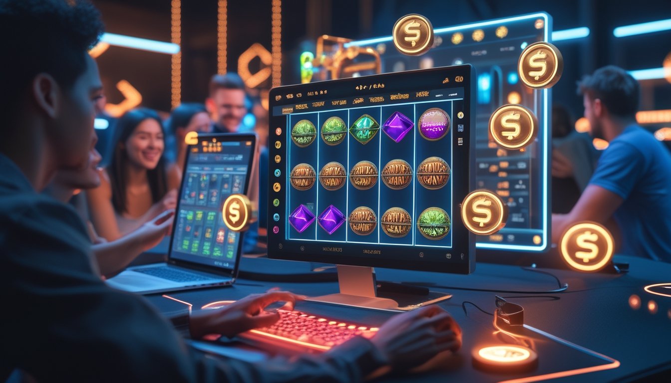 Suasana pemain yang antusias menggunakan berbagai perangkat untuk bermain slot Megaways dengan fitur bonus buy di lingkungan kasino online modern.