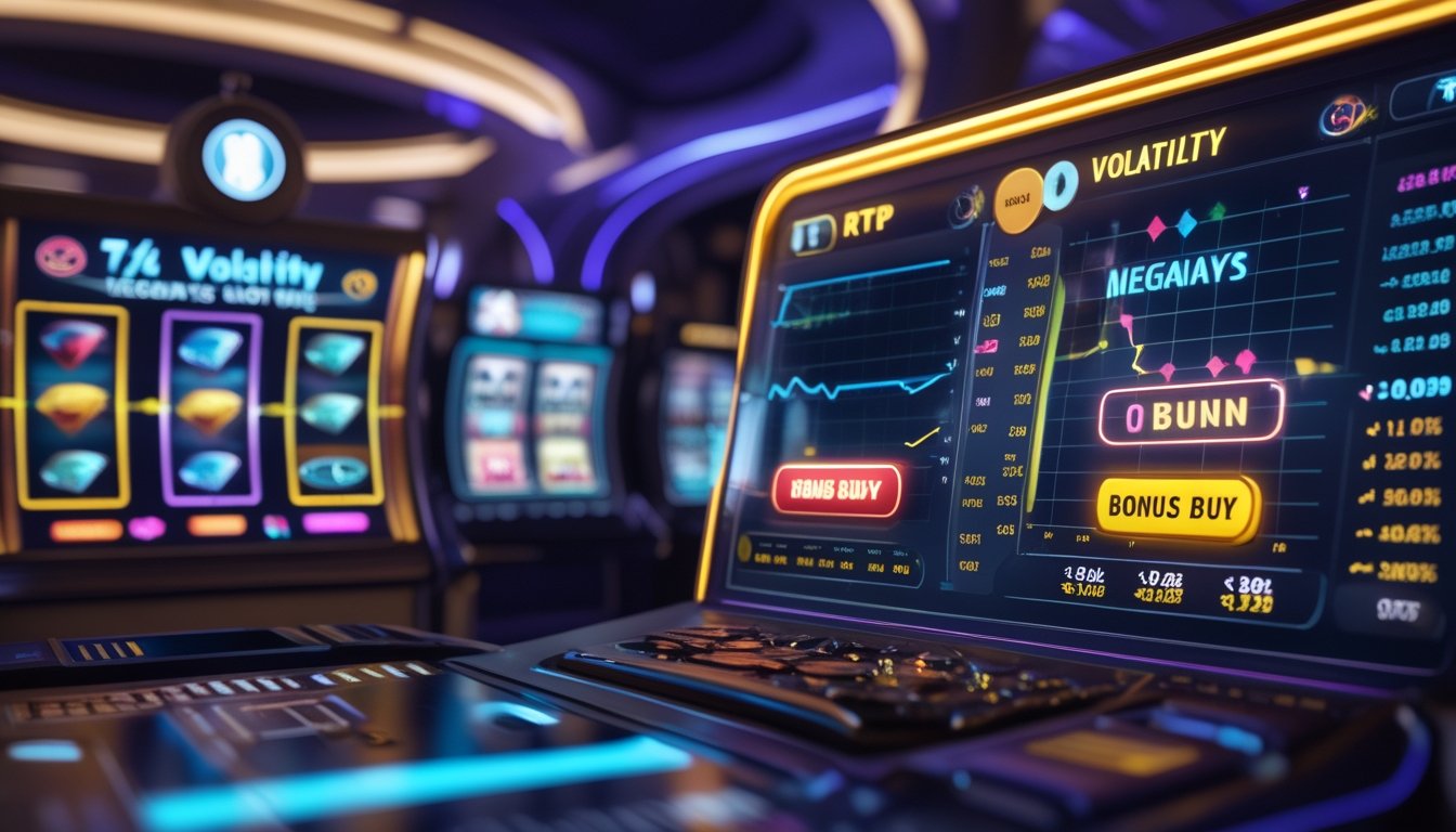 Antarmuka digital modern menampilkan gulungan slot warna-warni, grafik perbandingan RTP dan volatilitas, serta tombol Bonus Buy yang menyala di latar kasino.