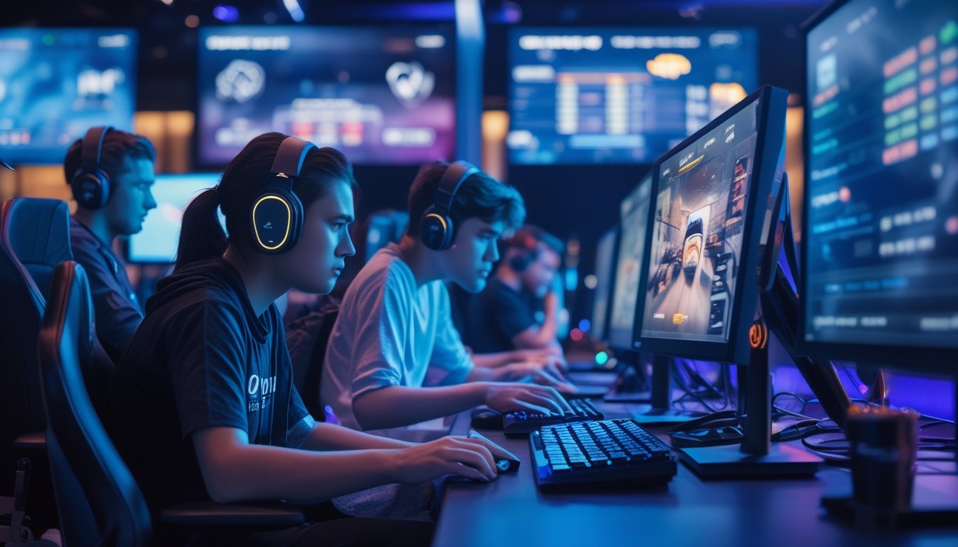 Sekelompok gamer muda sedang bermain esports di ruang game modern dengan ekspresi campuran antara fokus dan kekhawatiran, dikelilingi oleh layar yang menampilkan elemen terkait judi dan turnamen esports.