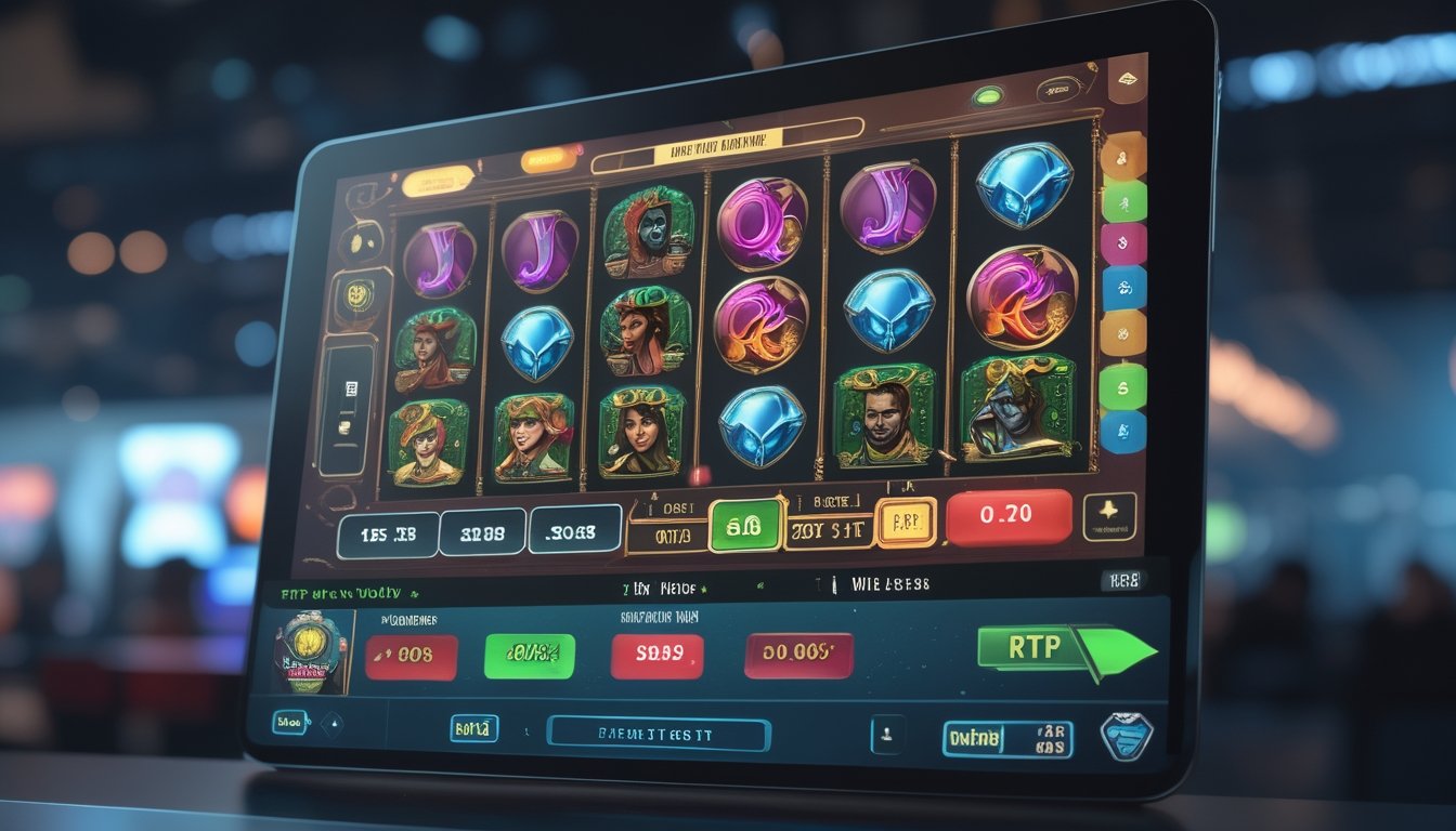 Tampilan layar komputer yang menunjukkan permainan slot Megaways dengan grafik perbandingan RTP dan volatilitas.