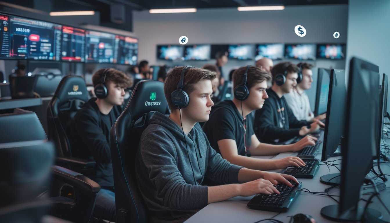 Sekelompok orang muda sedang bermain game di sebuah ruang gaming modern dengan ekspresi fokus dan serius.