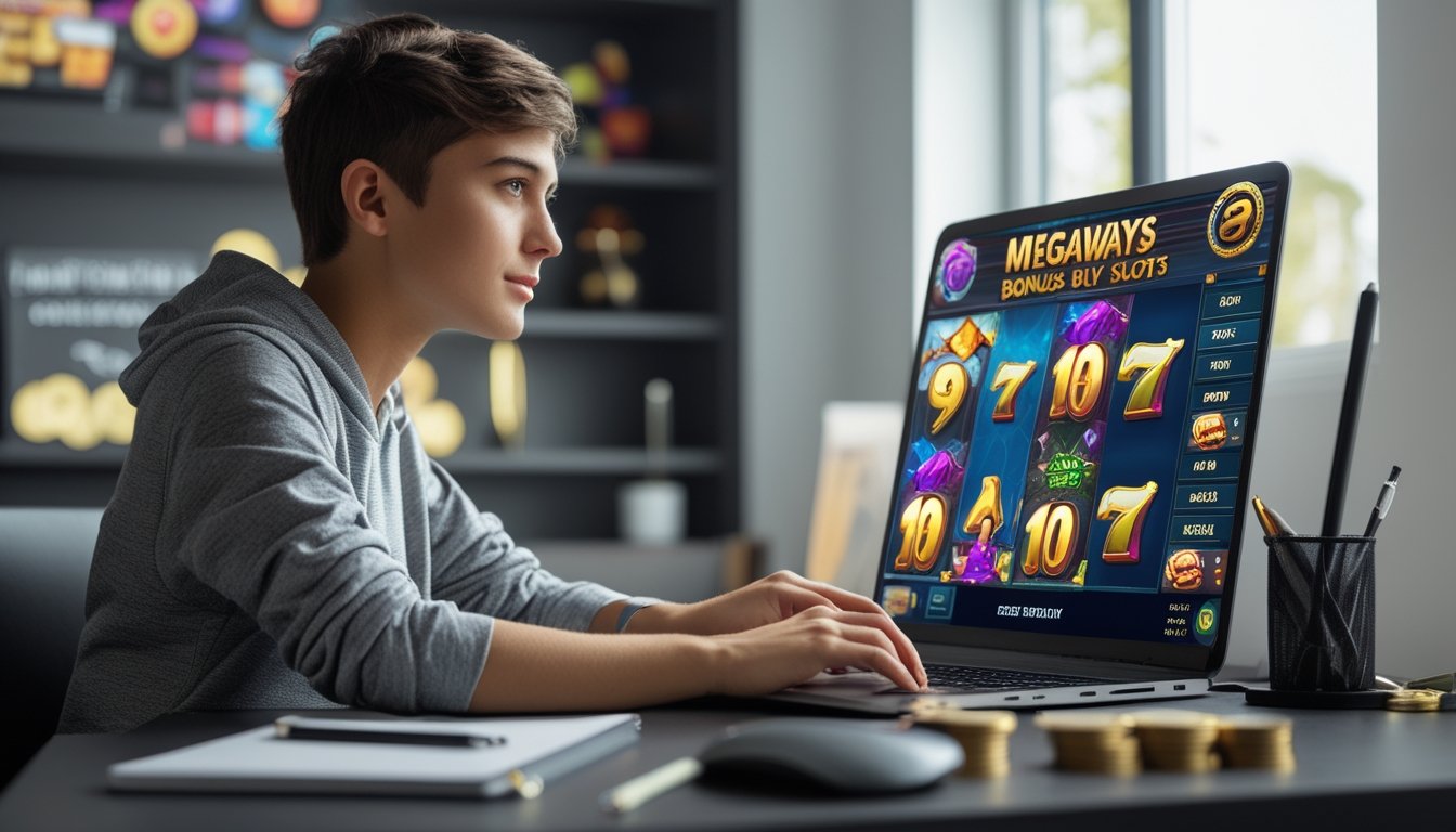 Seorang pemain muda duduk di meja modern sambil bermain permainan slot Megaways di laptop dengan ekspresi fokus dan alat tulis di dekatnya.