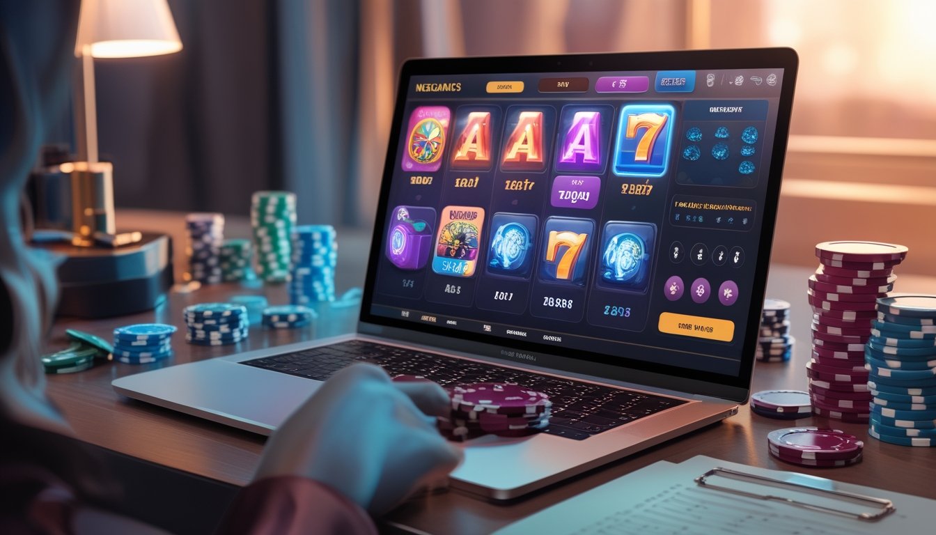 Seorang pemain muda duduk di depan laptop dan smartphone yang menampilkan permainan slot online dengan tema Megaways, dikelilingi oleh chip poker dan kartu remi.