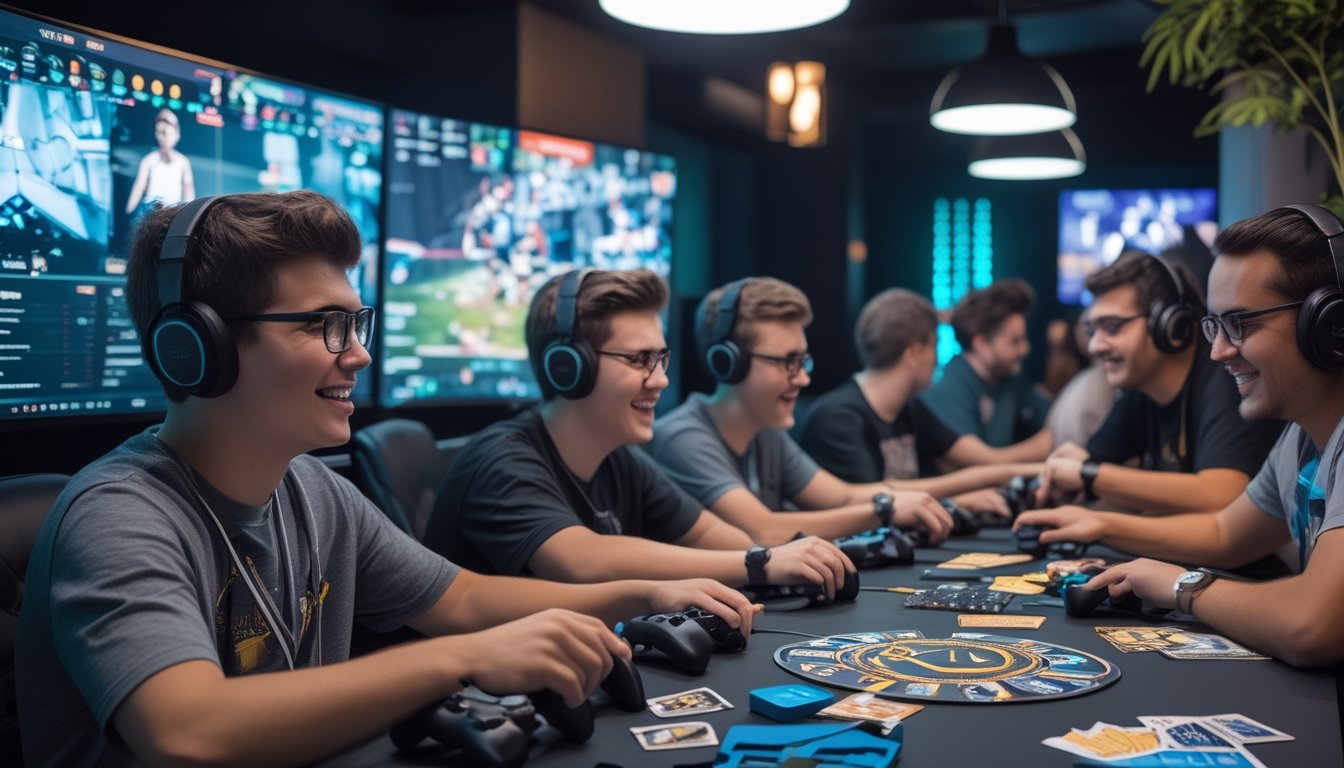 Sekelompok orang muda bermain video game dan permainan papan bersama di ruang santai yang nyaman.
