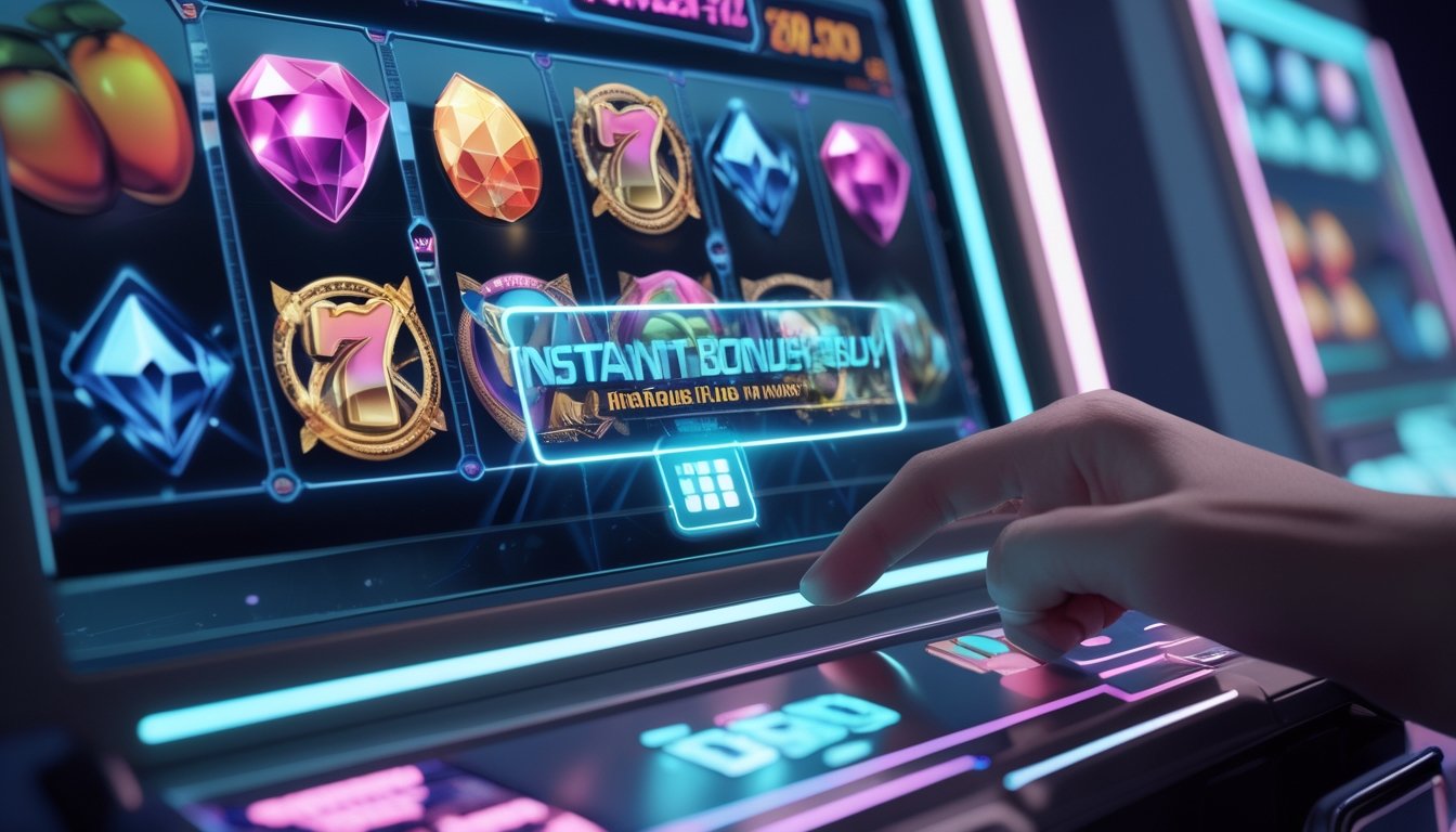 Tampilan mesin slot modern dengan simbol warna-warni dan tombol fitur bonus instan yang siap ditekan oleh tangan pemain.