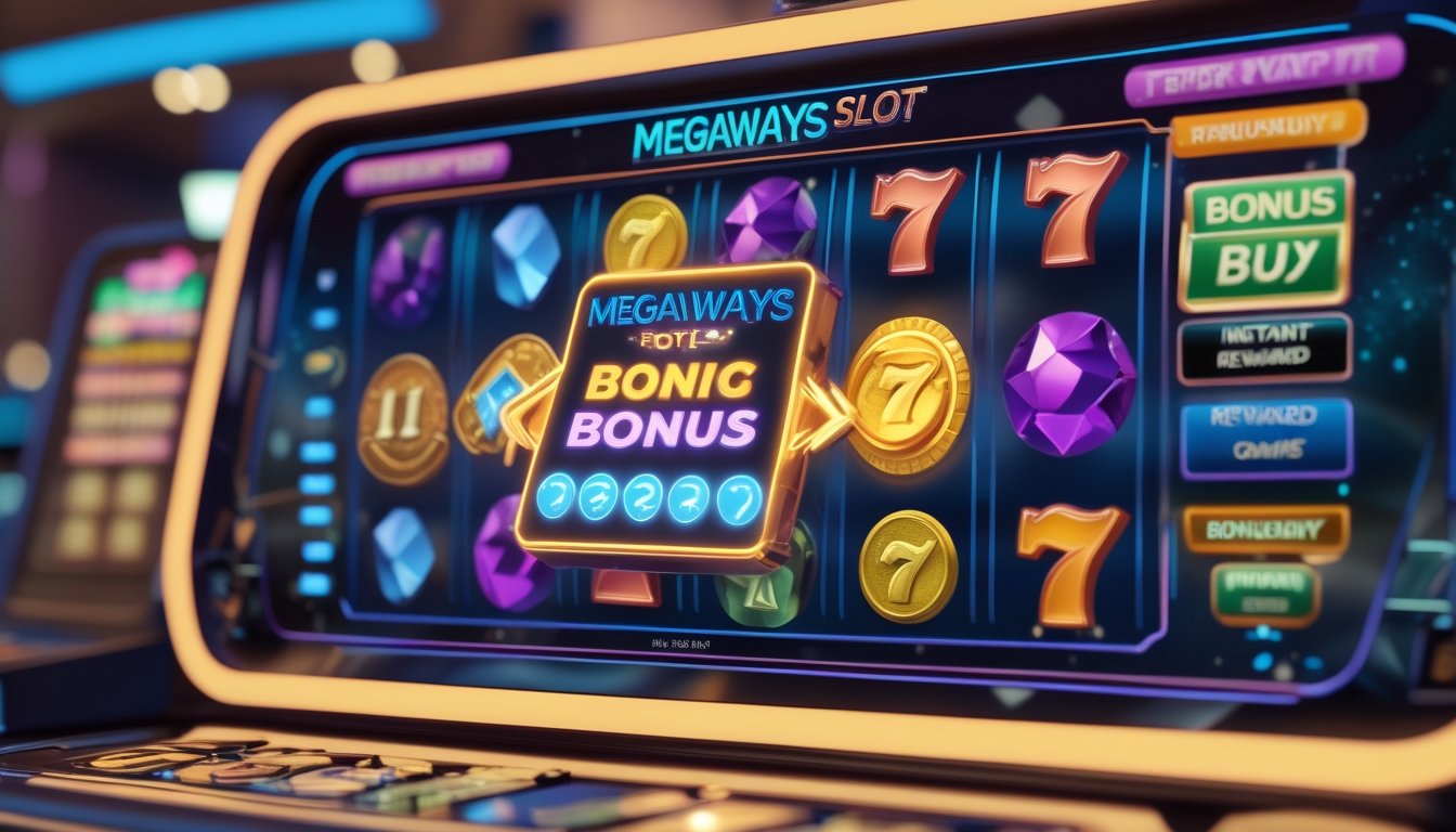 Layar mesin slot modern dengan simbol berwarna-warni dan fitur bonus instan di latar kasino mewah.