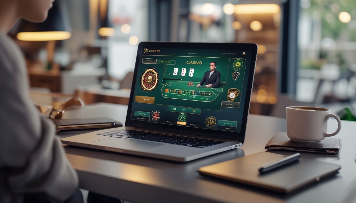 Seorang dewasa muda duduk di depan laptop yang menampilkan permainan kasino langsung, dengan suasana yang nyaman dan aman.