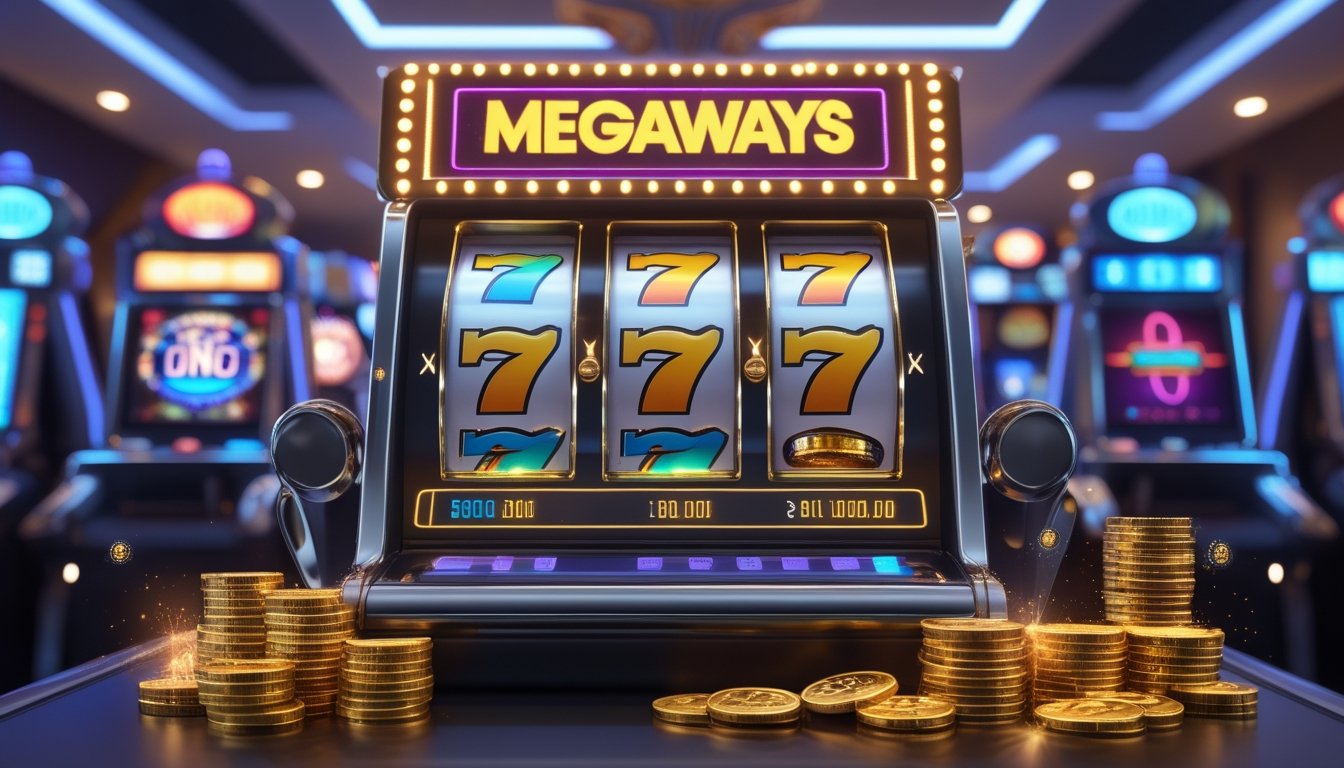 Mesin slot modern dengan simbol keberuntungan dan koin emas di lingkungan kasino yang cerah dan dinamis.
