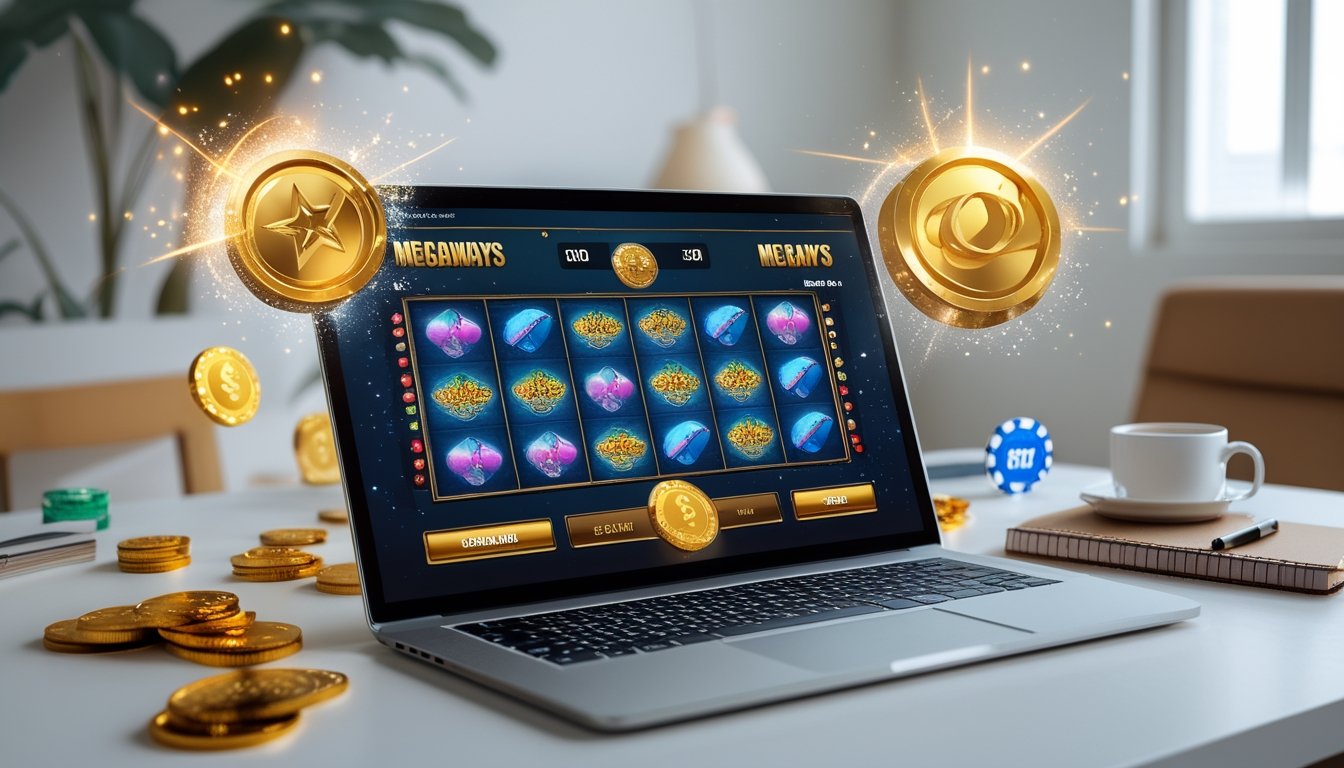 Sebuah laptop di meja kerja menampilkan permainan slot online dengan koin emas dan chip kasino di sekitarnya.