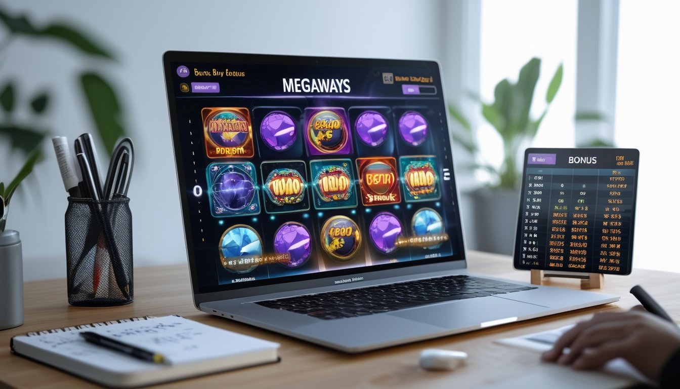 Seorang profesional sedang menggunakan komputer dengan layar menampilkan permainan slot Megaways dan fitur Bonus Buy, dikelilingi oleh catatan dan ponsel dengan grafik perbandingan.