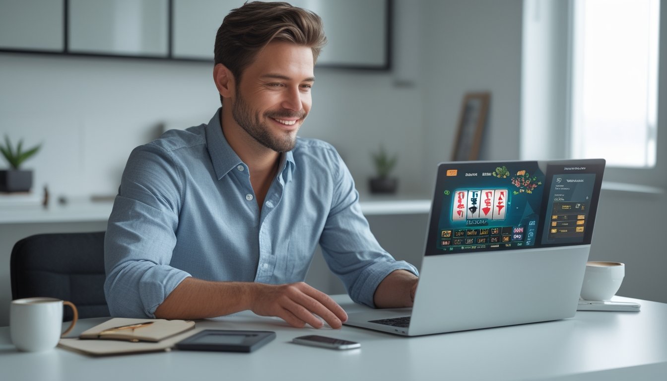 Seorang pria duduk di depan laptop di ruang kerja rumah, fokus bermain permainan kasino online dengan ekspresi percaya diri dan santai.