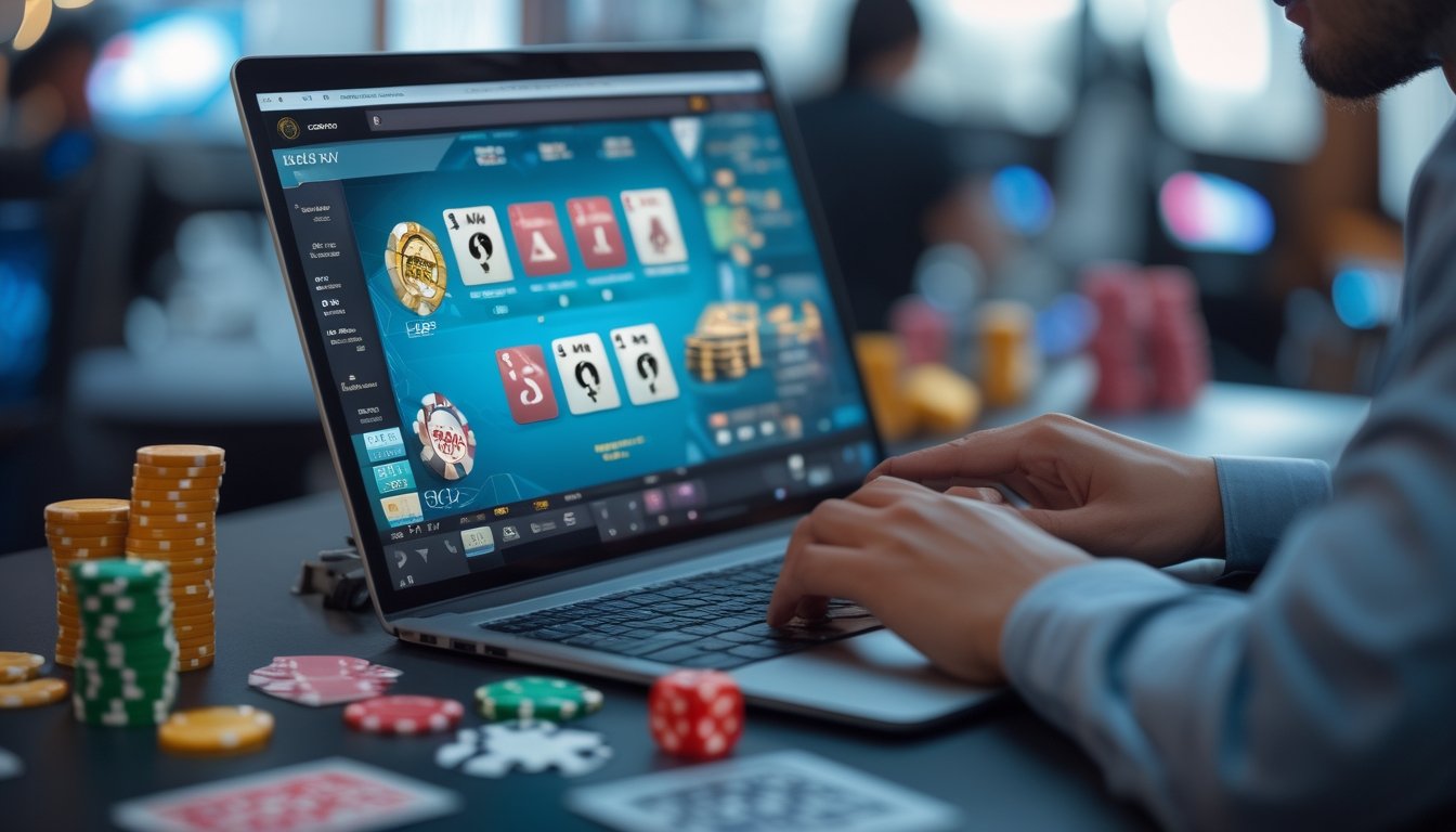 Seseorang sedang bermain permainan kasino langsung secara online menggunakan laptop dengan kartu dan chip di meja.