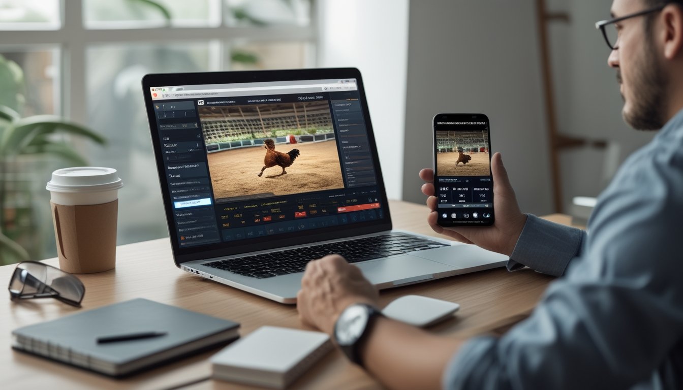 Tampilan antarmuka platform taruhan sabung ayam dengan video siaran langsung pertandingan di layar laptop dan ponsel di meja kerja.