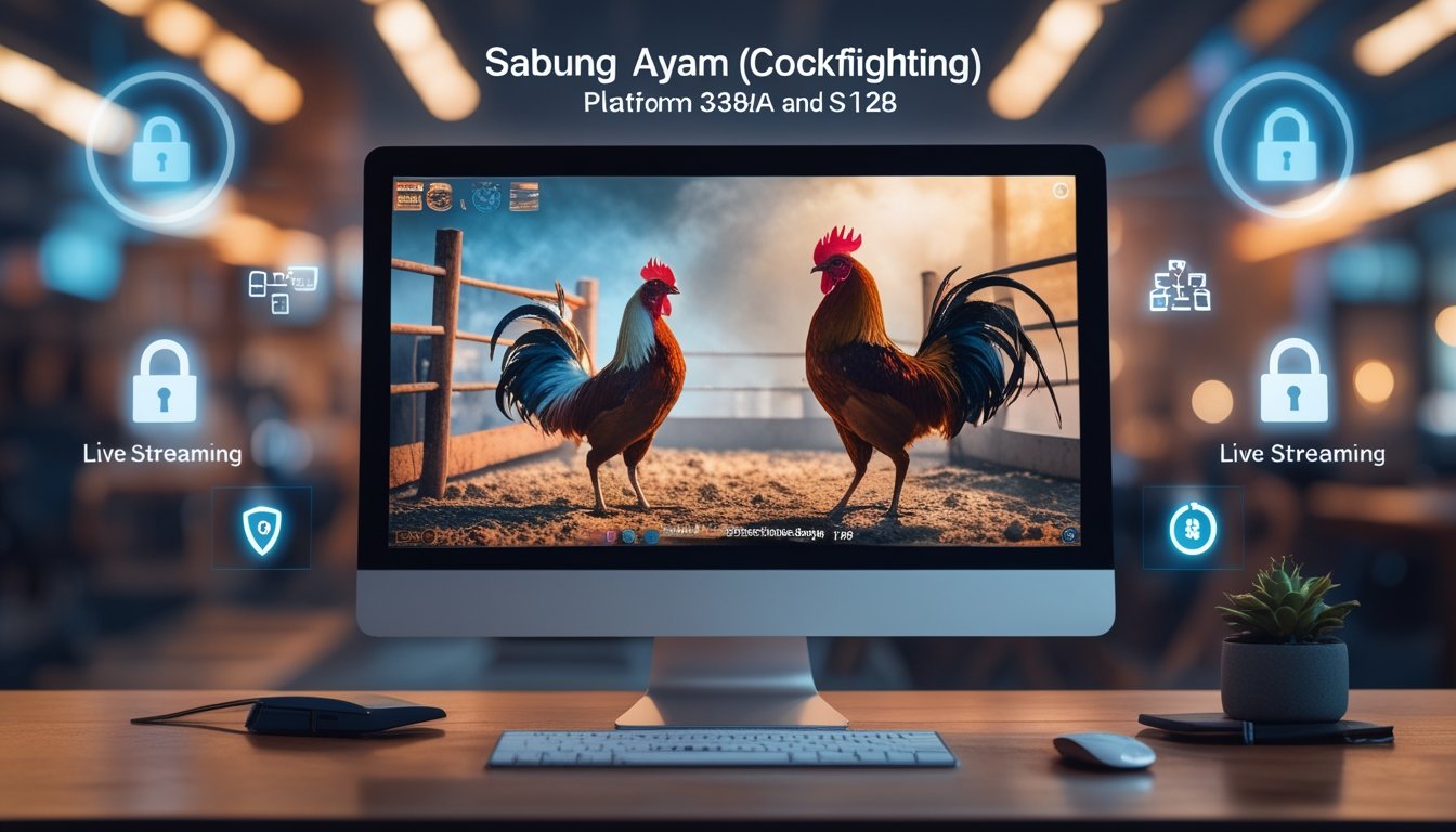 Sebuah layar komputer menampilkan siaran langsung pertandingan sabung ayam dengan dua ayam jantan bertarung di arena, dikelilingi oleh elemen teknologi dan suasana kerja yang rapi.