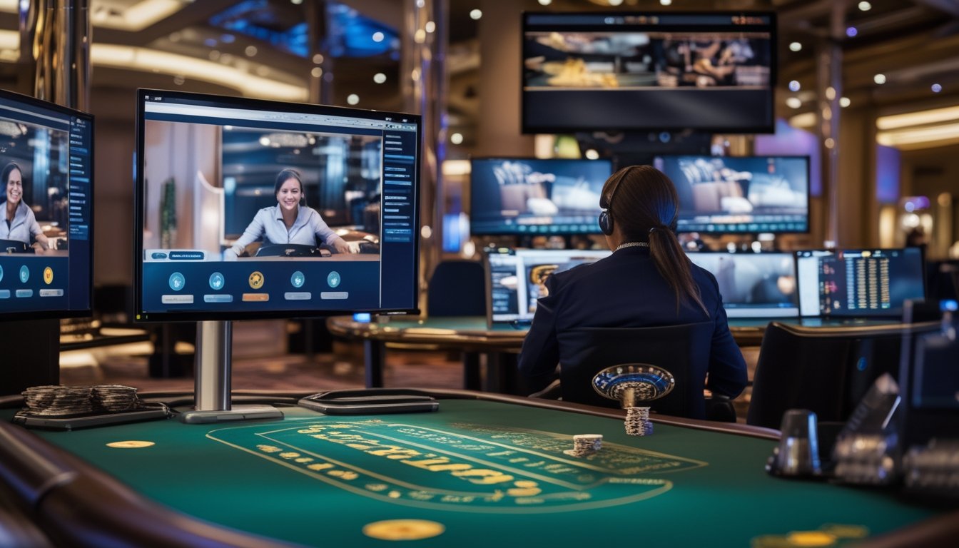 Suasana kasino live streaming dengan dealer di meja permainan dan peralatan streaming yang terlihat.