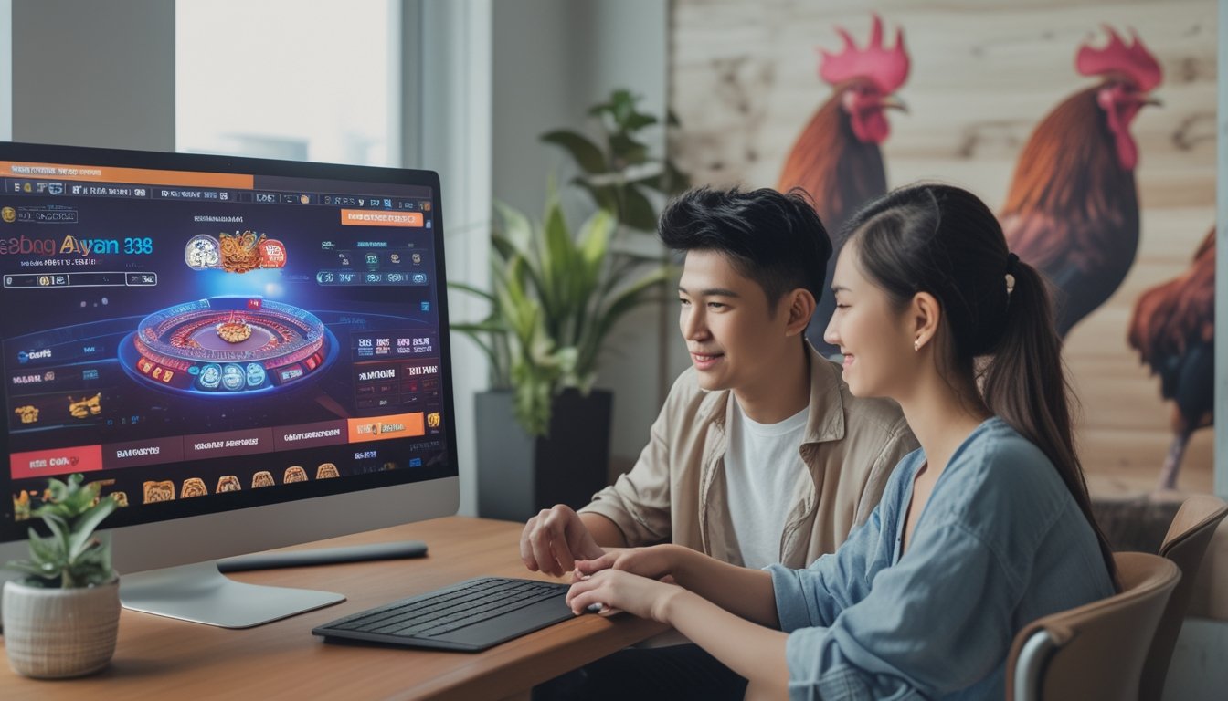 Dua orang muda duduk bersama di depan laptop yang menampilkan platform permainan online dengan tema sabung ayam, di meja kayu dengan tanaman kecil dan secangkir kopi.