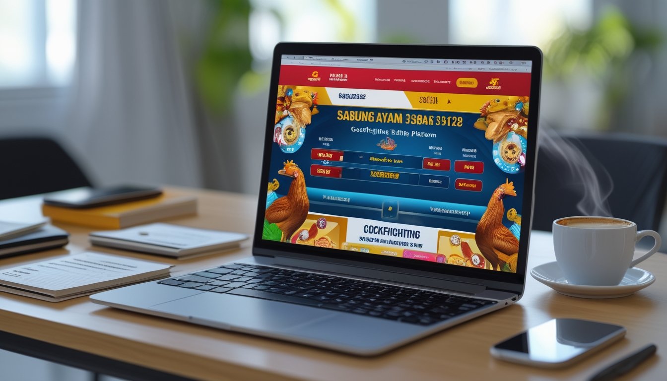 Seorang pengguna sedang belajar menggunakan laptop dengan tampilan situs sabung ayam online, di meja terdapat catatan dan ponsel, suasana terang dan rapi.