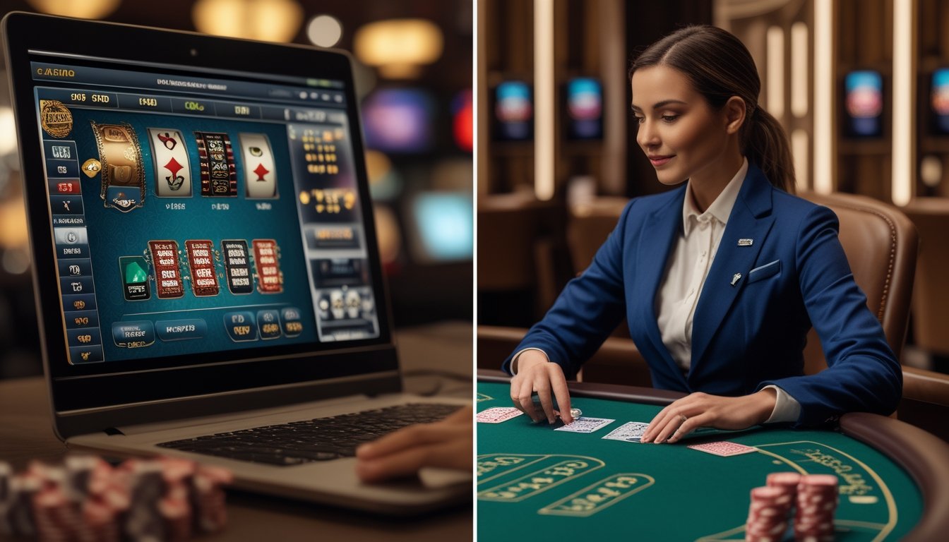 Perbandingan antara seseorang bermain kasino online di komputer dan dealer langsung yang membagikan kartu di meja kasino.