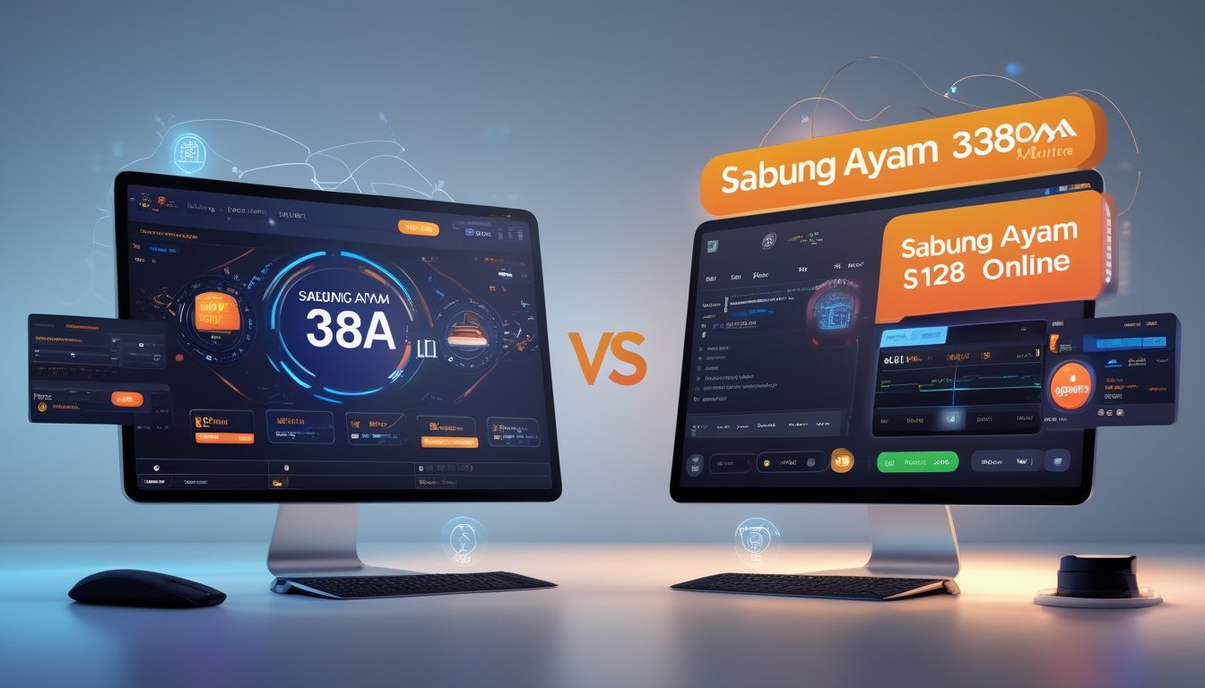 Tampilan dua perangkat digital yang menunjukkan perbedaan antara platform Sabung Ayam 338A yang modern dan Sabung Ayam S128 Online yang lebih sederhana.